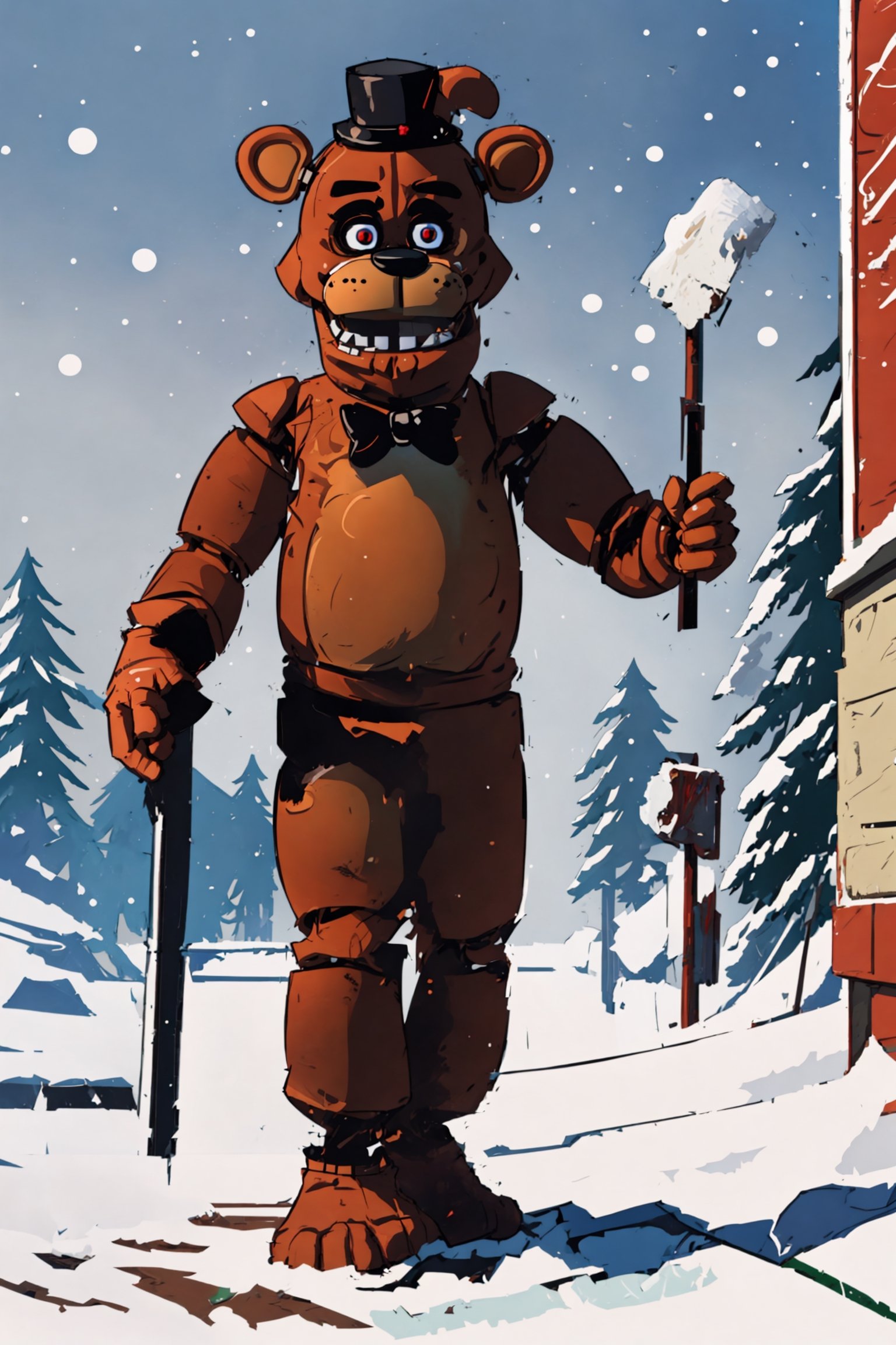 4K UHD illustration, upscaled professional drawing HDR,  detailed Funtime Freddy FNAF chracter,  full body image,  deressed in tattered Santa costume (:1.9) standing,  looking away from viewer,  detailed santa hat (:1.9) intense red glowing eyes (:1.4) dirty santa beard (:1.4) intricately-detailed abandoned snowy carpark background,  dark eerie theme,  300dpi,  upscaled,  masterpiece (:1.6) centered,  dynamic,  vivid,  sharp-focus 
funfreddy,freddy,sexysanta