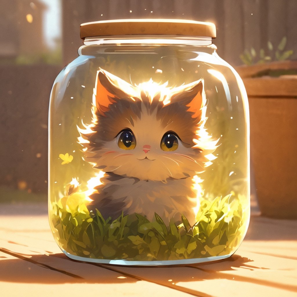 in a jar, in container, A CUTE SMALL CAT, smile, backyard, scenery, animal,Xxmix_Catecat,weird atmosphere, (best quality:1.1), (masterpiece:1.2), high quality shadow, beautiful detailed, (high detailed skin, skin details), (wide_landscape, 8k), beautiful face, detailed eyes, depth of field, dramatic light, best quality, highres, best shadow, best illumination,vintagepaper