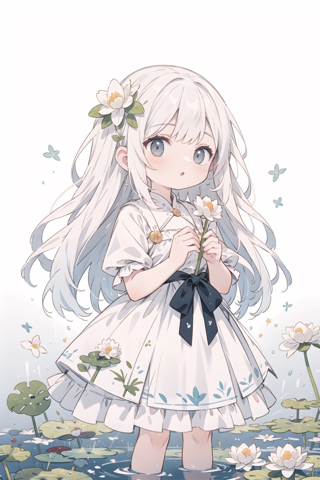 flower,gradient,gradient_background,lily_\(flower\), line art, white lotus,1girl,solo,lily_pad,grey_background,white_flower,long_hair, white dress,white_hair,