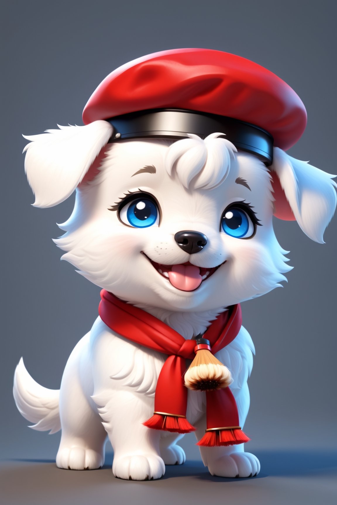 mascot painter, (white puppy), Black glasses, with an elegant smile, blue eyes, (with a red color painter's beret on his head), (a red scarf around the neck), (white painter's blouse), (with red apron with black straps+text:"Tensor"):1.2, ((hand1 holding a (technological brush)):1.2, ((hand2 holding a (technological color palette)):1.2, (Chibi style), animal,Steve Irwin Chibi, Masterpiece, (style anime), best quality, best details, hires, 16K