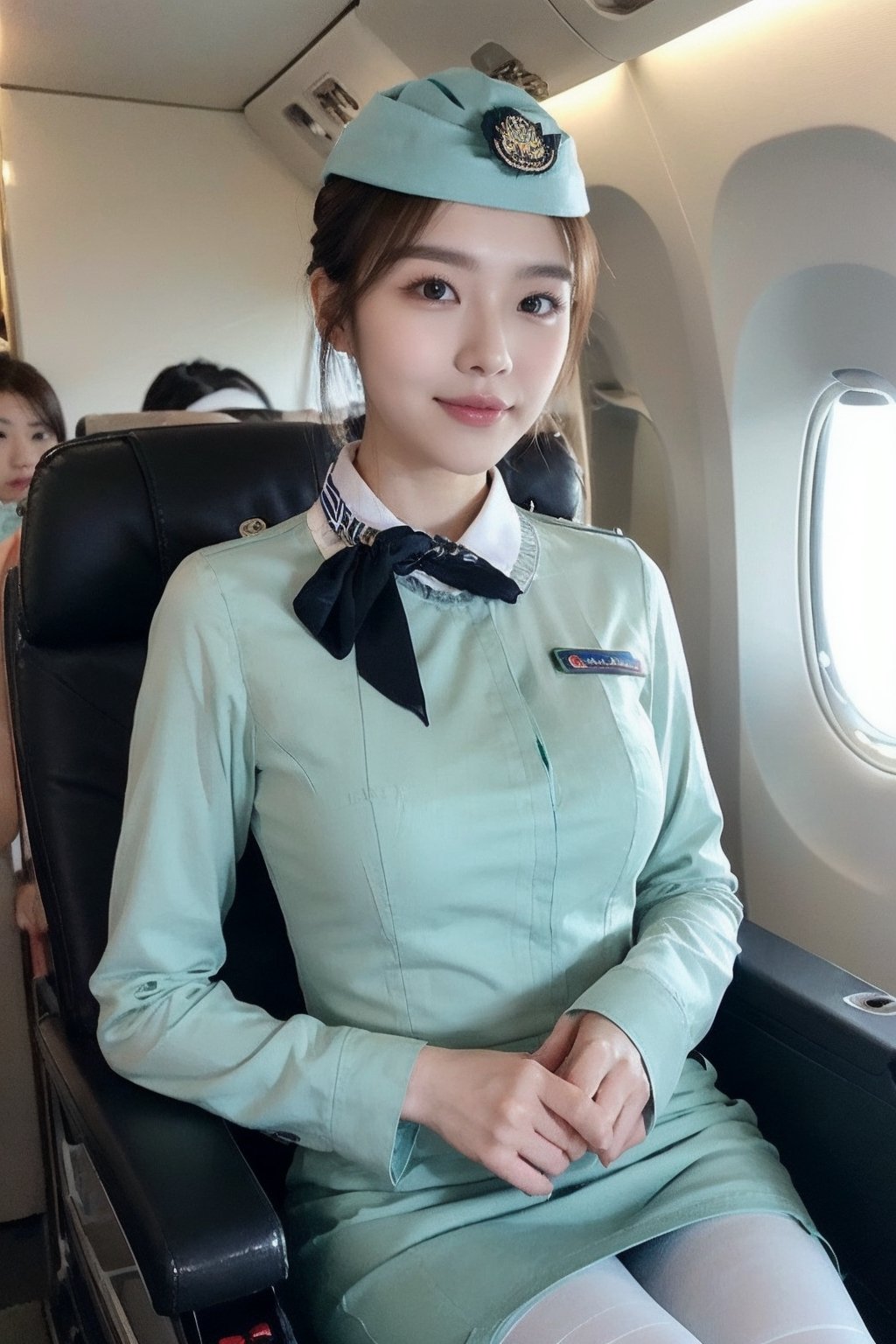 Close up to everything, 16K UHD, (life style:1.4), A french-Taiwanese beautiful Stewardess, super idol face, 24 years old, detailed face, monolid, (bun short haired:1.4), (long-sleeved turquoise green-bue stewardess shirt , white collar, off-white long skirt, black tie:1.4), laying on a plane seat, the light is very bright, spotlight, masterpiece, high quality,(she is wearing a true blue-green Stewardess's side cap:1.6),wanpeng, (black pupils:1.2),Seolah,ultra_perfect_hands,Asia,1 girl ,Woman ,solo,imutbgtbos, (full_body shot:1.2),1girl,Taiwan ,better_hands,Mizuki_Lin,Jumbotsang,(black sexy pantyhose:1.4),Song zuer CN actress 宋祖儿