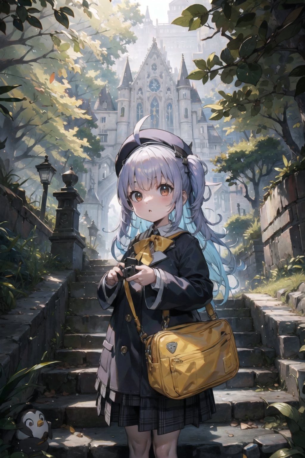 masterpiece,illustration,ray tracing,finely detailed,best detailed,Clear picture,intricate details,highlight,
anime,
gothic architecture,
looking at viewer,
nature,gothic architecture,bird,the lakeside in the heart of the forest,the staircase of the balcony,

NikkeRei,
1girl,upper body,loli,baby,long hair,hat,
yellow bow,yellow bag,
skirt,
NikkePenguin,Penguin,