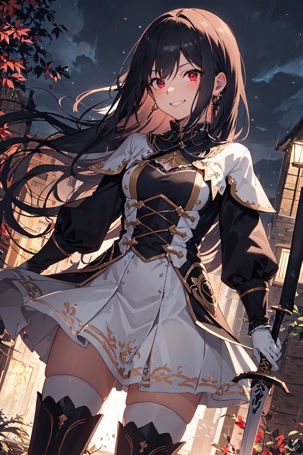 4k, high quality, masterpiece, beautiflu girl, (princess knight)++, black hair, red eyes, long sleeves, (holding western sword)++, rainny background, fantasy, impish grin, dutch angle, outside, nature, leaves in wind, white gloves, outdoors, not expression, wind+, thighhighs under boots, lace trim, ero, dress with slit, long hair, cool beauty, night background 