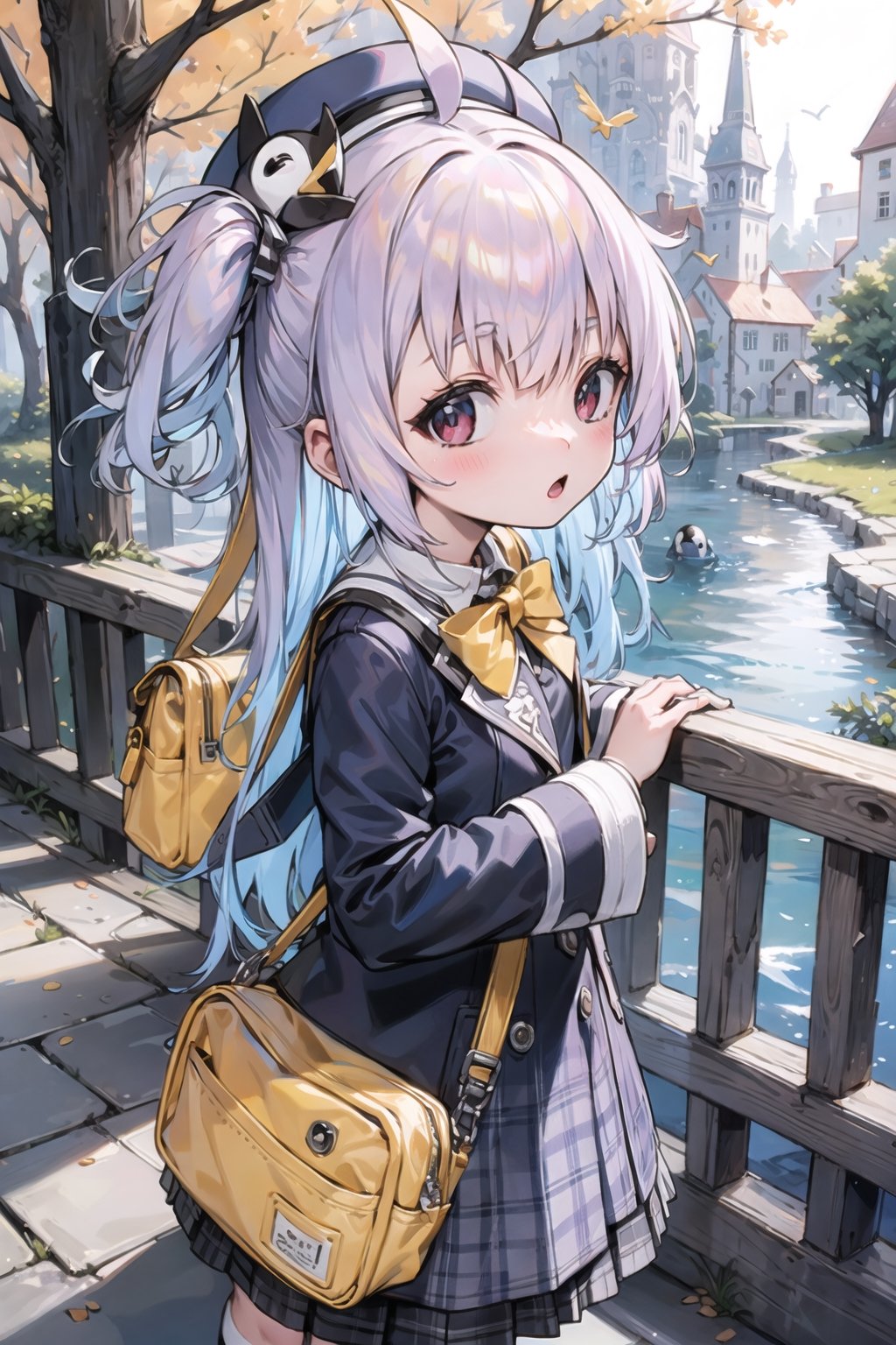 masterpiece,illustration,ray tracing,finely detailed,best detailed,Clear picture,intricate details,highlight,
anime,
gothic architecture,
looking at viewer,
nature,gothic architecture,bird,the lakeside in the heart of the forest,the staircase of the balcony,

NikkeRei,
1girl,upper body,loli,baby,long hair,hat,
yellow bow,yellow bag,
skirt,
NikkePenguin,Penguin,