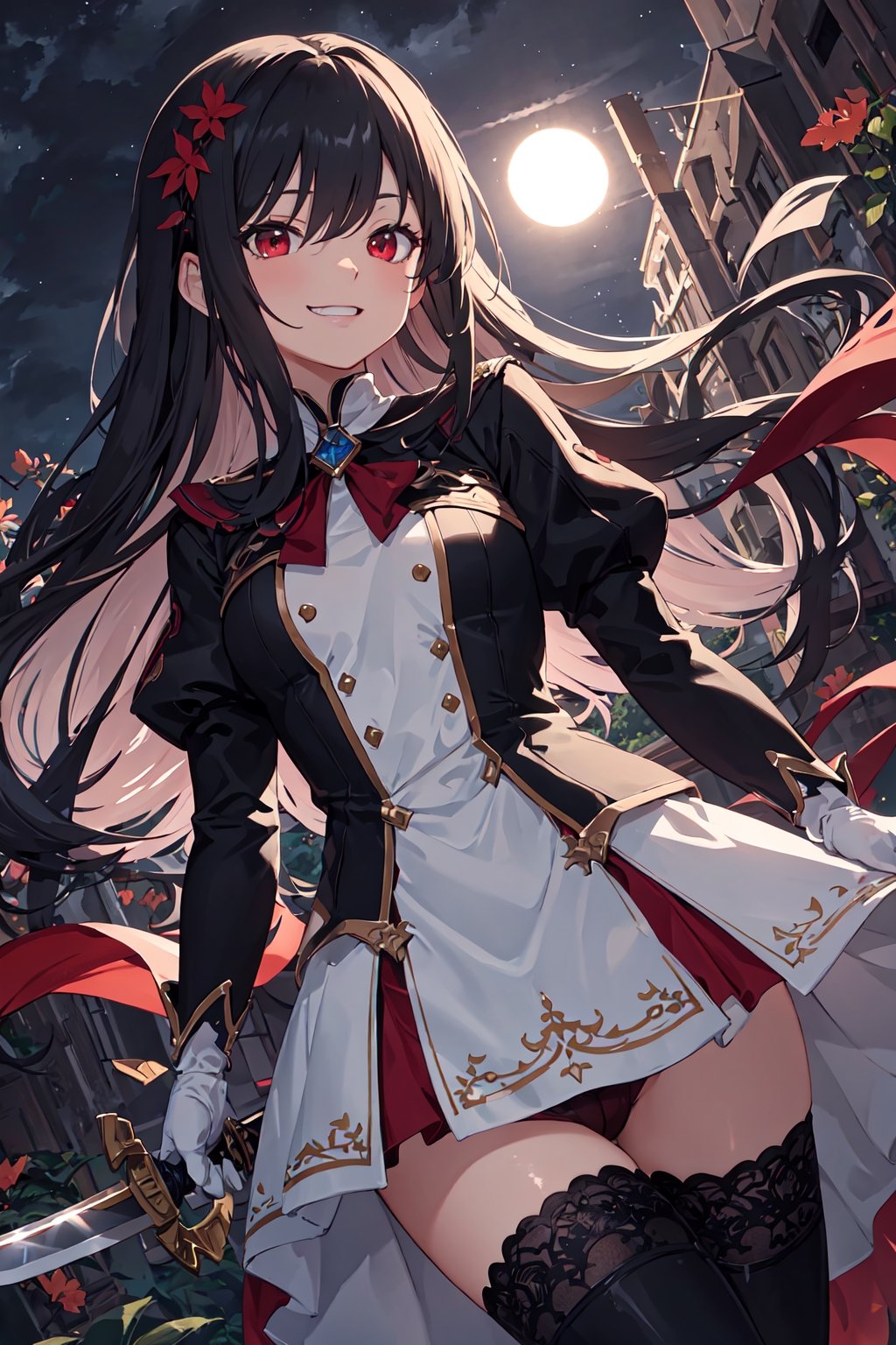 4k, high quality, masterpiece, beautiflu girl, (princess knight)++, black hair, red eyes, long sleeves, (holding western sword)++, rainny background, fantasy, impish grin, dutch angle, outside, nature, leaves in wind, white gloves, outdoors, not expression, wind+, thighhighs under boots, lace trim, ero, dress with slit, long hair, cool beauty, night background 