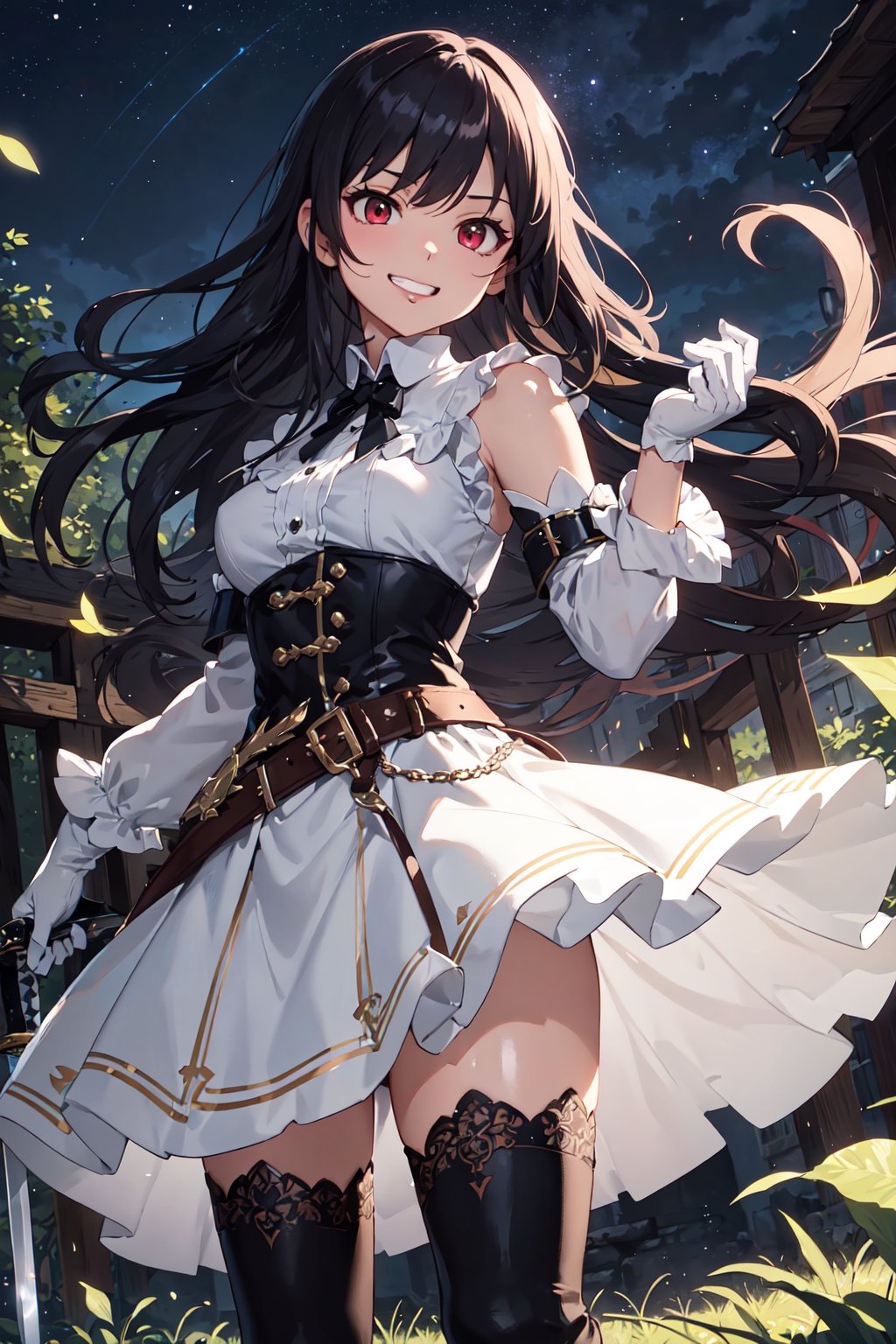 4k, high quality, masterpiece, beautiflu girl, (princess knight)++, black hair, red eyes, long sleeves, (holding western sword)++, rainny background, fantasy, impish grin, dutch angle, outside, nature, leaves in wind, white gloves, outdoors, not expression, wind+, thighhighs under boots, lace trim, ero, dress with slit, long hair, cool beauty, night background 