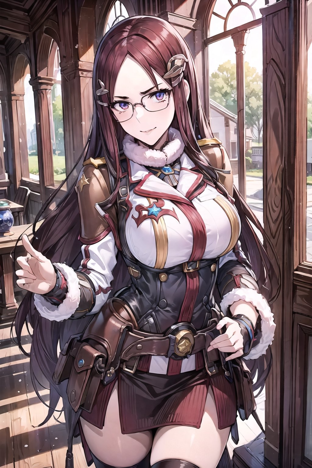 (masterpiece),illustration,8k,ray tracing,finely detailed,best detailed,Clear picture,highlight,

matrue female,milf,
tsurime eyes,
oval face,

gothic architecture,
looking at viewer,
medium breasts,

Minerva_Victor, forehead, red_hair, long_hair, very_long_hair, glasses, hair_clip, cowboy shot, white military_uniform, Winter_Clothing, long sleeves, thighhighs, fur, armor, single pauldron,fingerless gloves, skirt, Lean forward, hands placed on the back,