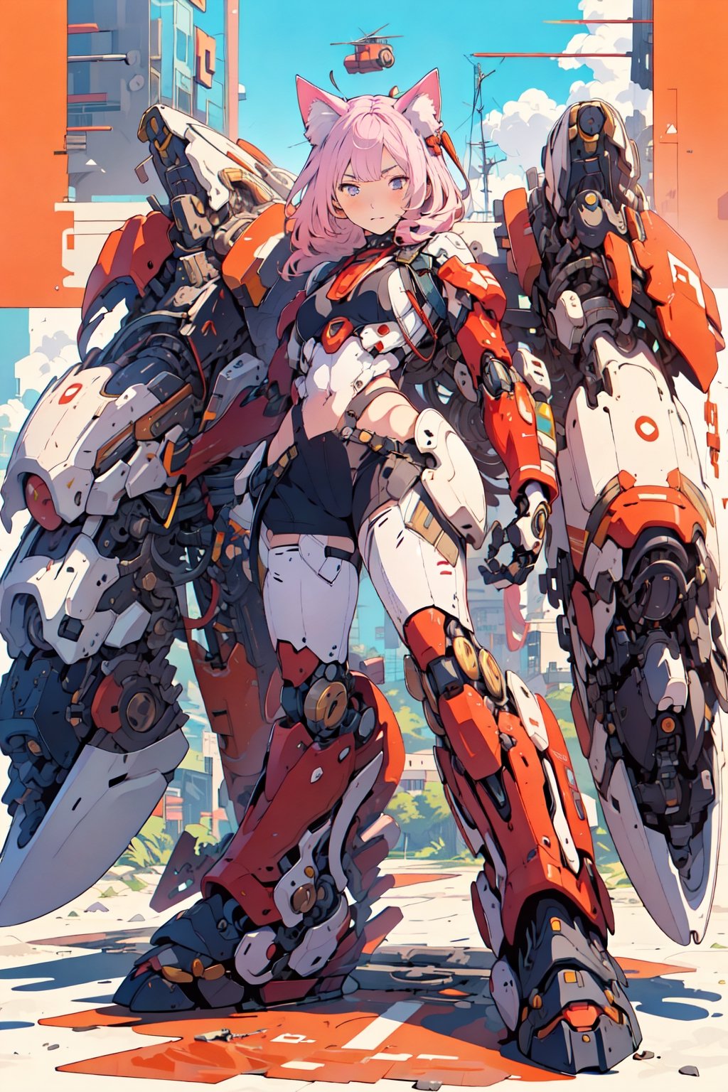 best quality,masterpiece,illustration,1girl,solo,full body,cat ear,Mecha,Blank background,Minor machinery,Mechanical leg,Pink hair,Pink tone,