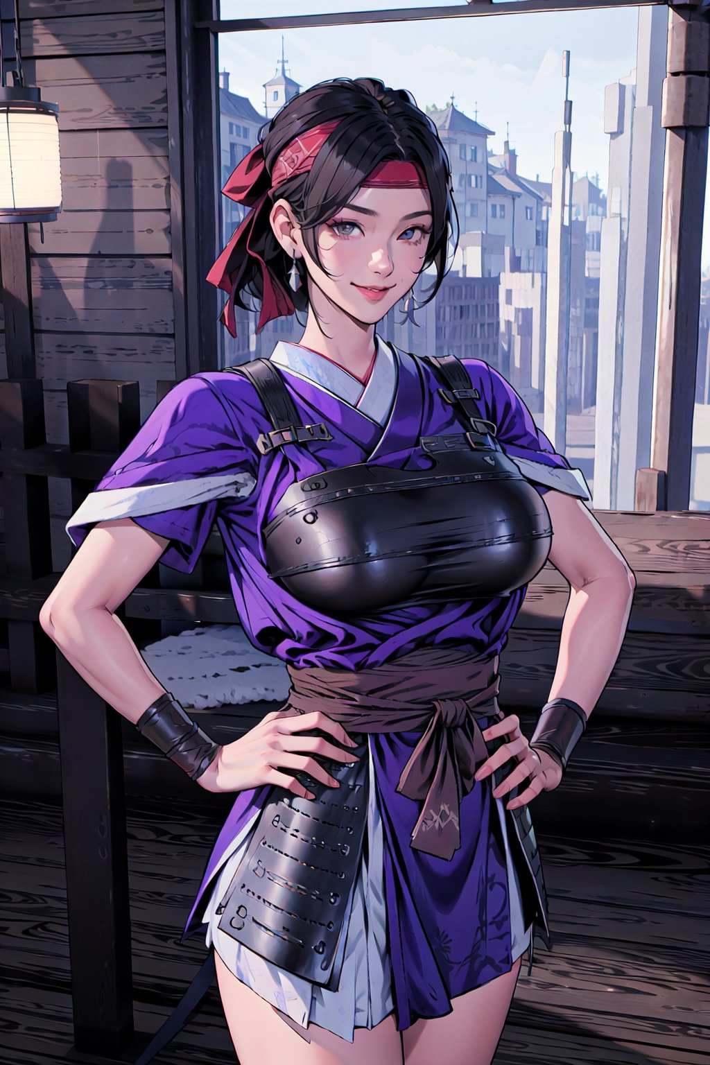 {best quality}, detail fingers,{{masterpiece}},illustration,portrait,solo,masterpiece,best quality,black hair,headband,japanese clothes,japanese armor,muneate,large_breast,incredibly absurdres,highres,high detail eyes,window,smile,indoors,bar,Samurai Warriors 5,
looking at viewer,
hand on hip,