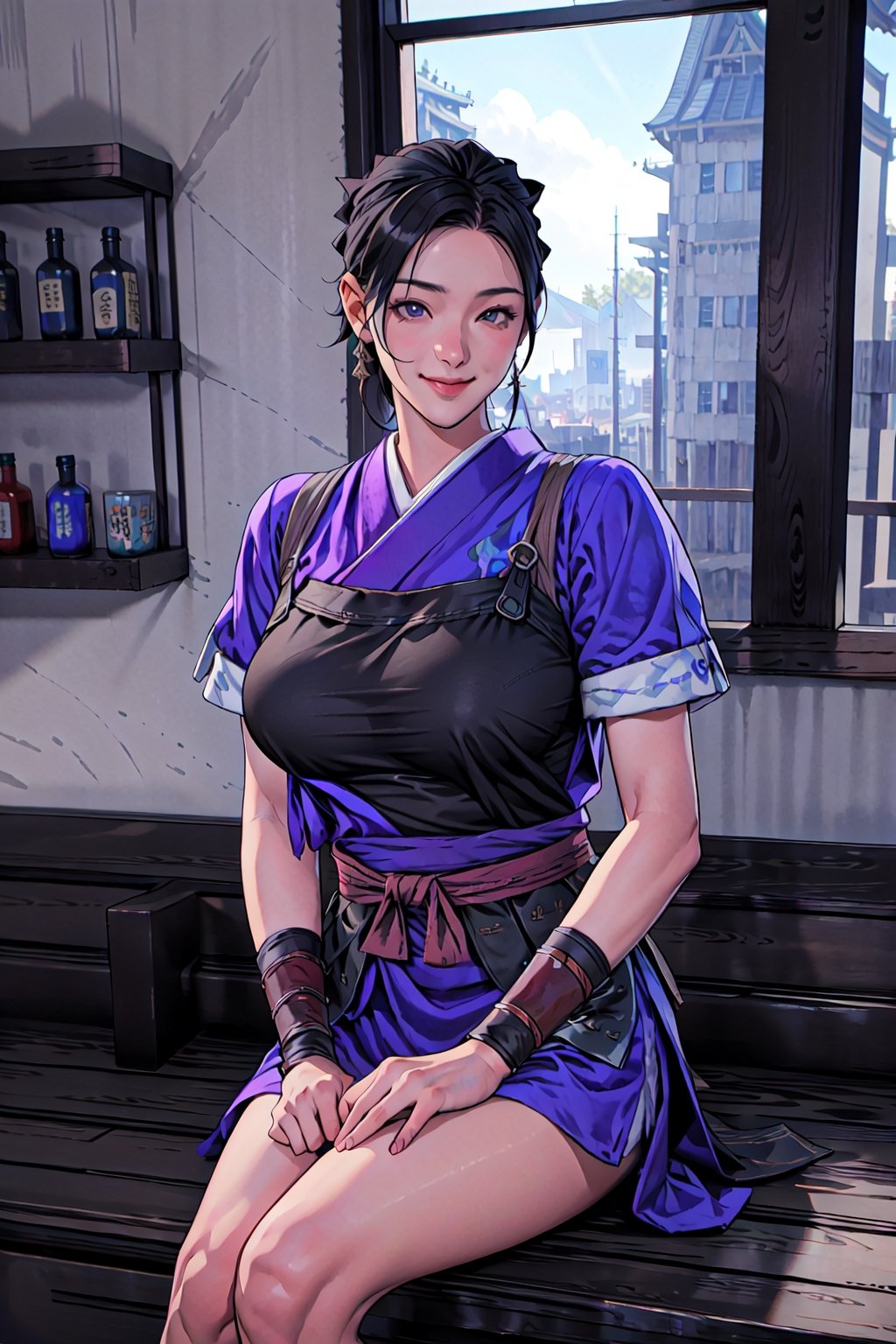 {best quality}, detail fingers,{{masterpiece}},illustration,portrait,solo,masterpiece,best quality,black hair,headband,japanese clothes,japanese armor,muneate,large_breast,incredibly absurdres,highres,high detail eyes,sitting,window,smile,indoors,bar,Samurai Warriors 5,
looking at viewer,