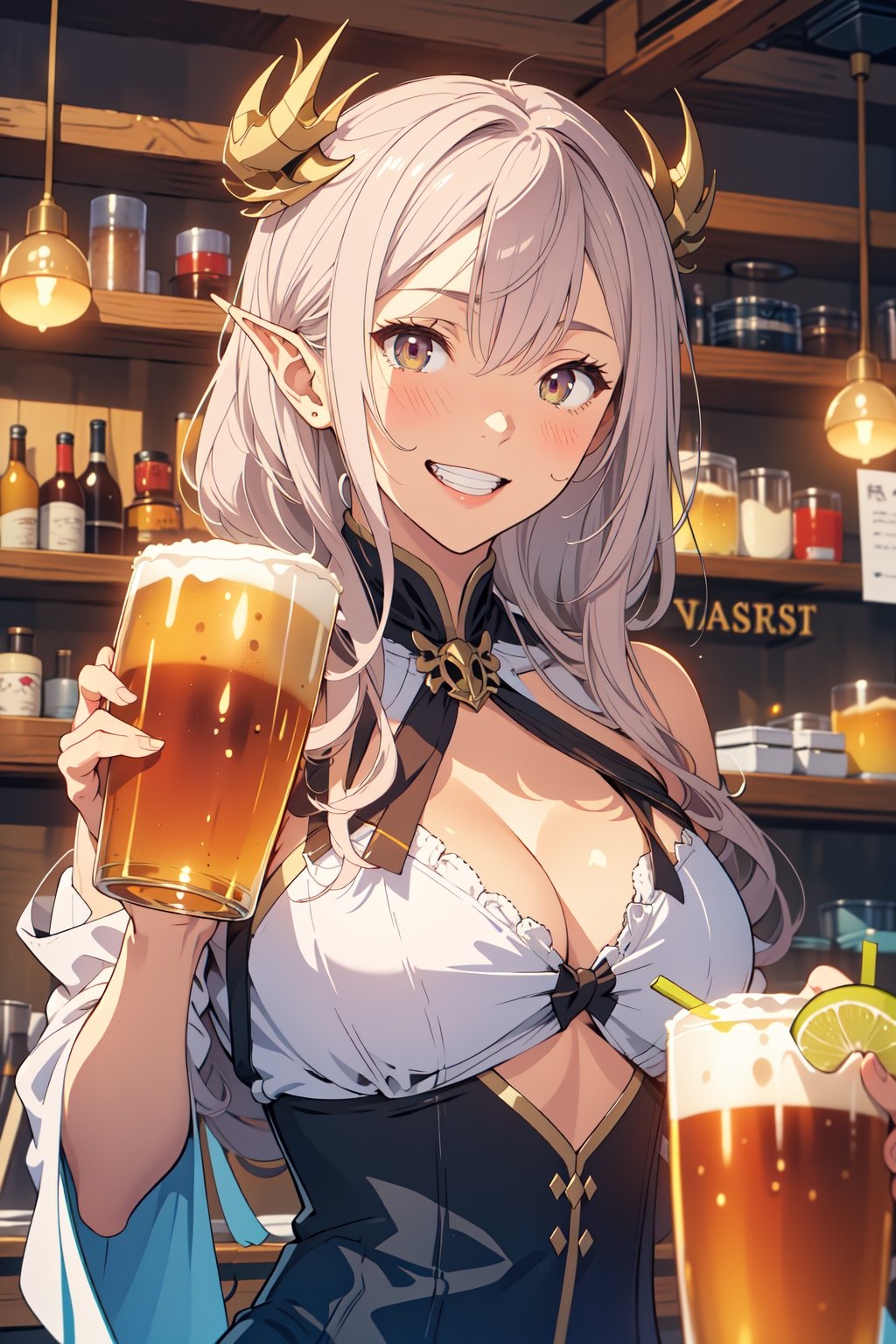 (masterpiece, best quality, highres:1.3), ultra resolution image, niji, sketch, manga, 1girl, upper body, holding_cup, beer, cafe, grin, very_long_hair, elf, pale_skin, pirates