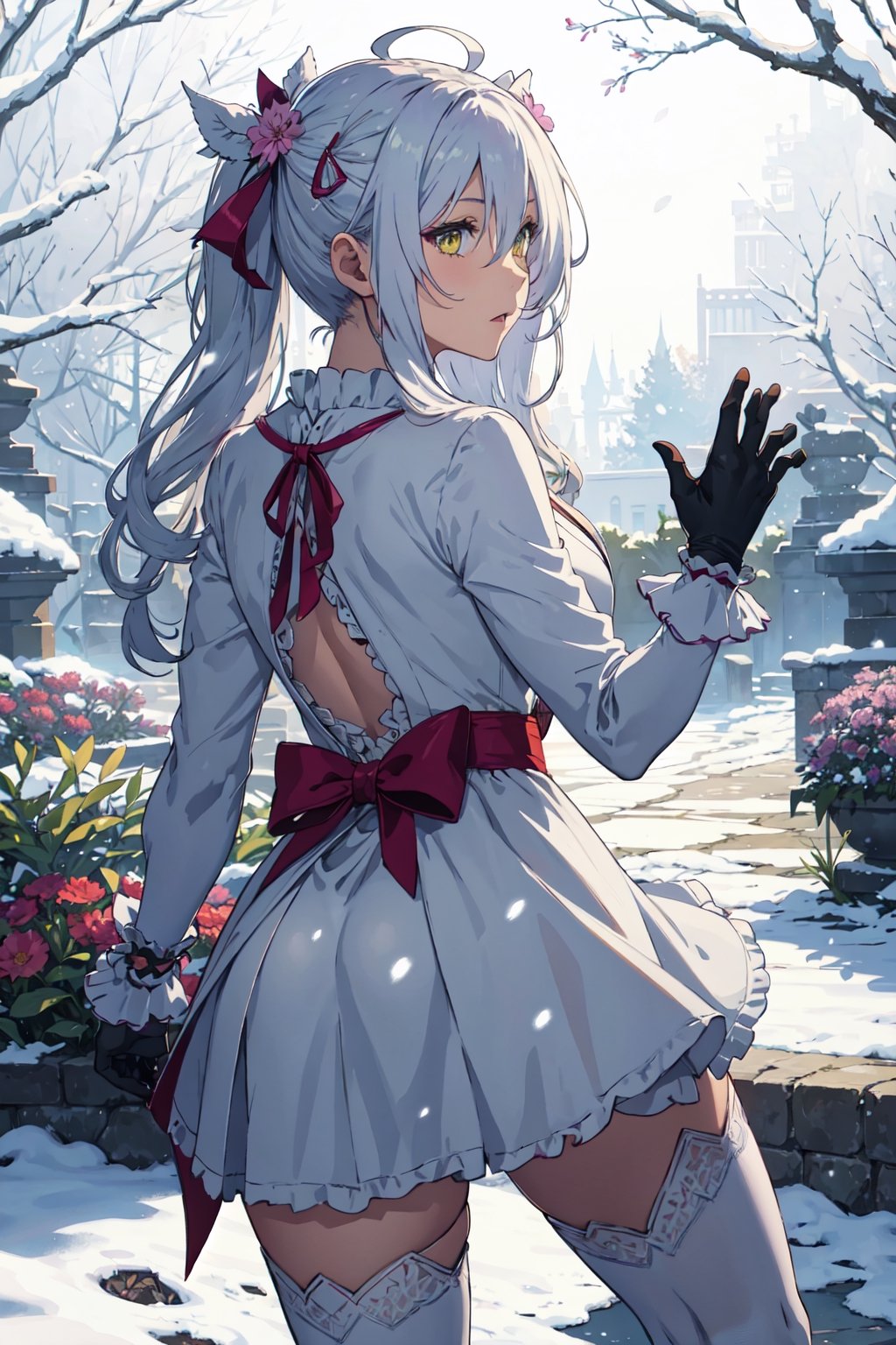 1girl, solo,upper body, fighting stance, from behind, garden, snowing, amber eyes, lace trim, frills, gloves, neck ribbon, hair ornament, very long hair, long hair, white hair, ahoge, boots, beautiful gown, long sleeves, hair between eyes, flower, hair ribbon, high quality, thighhighs, dress, ribbon, Medium breasts