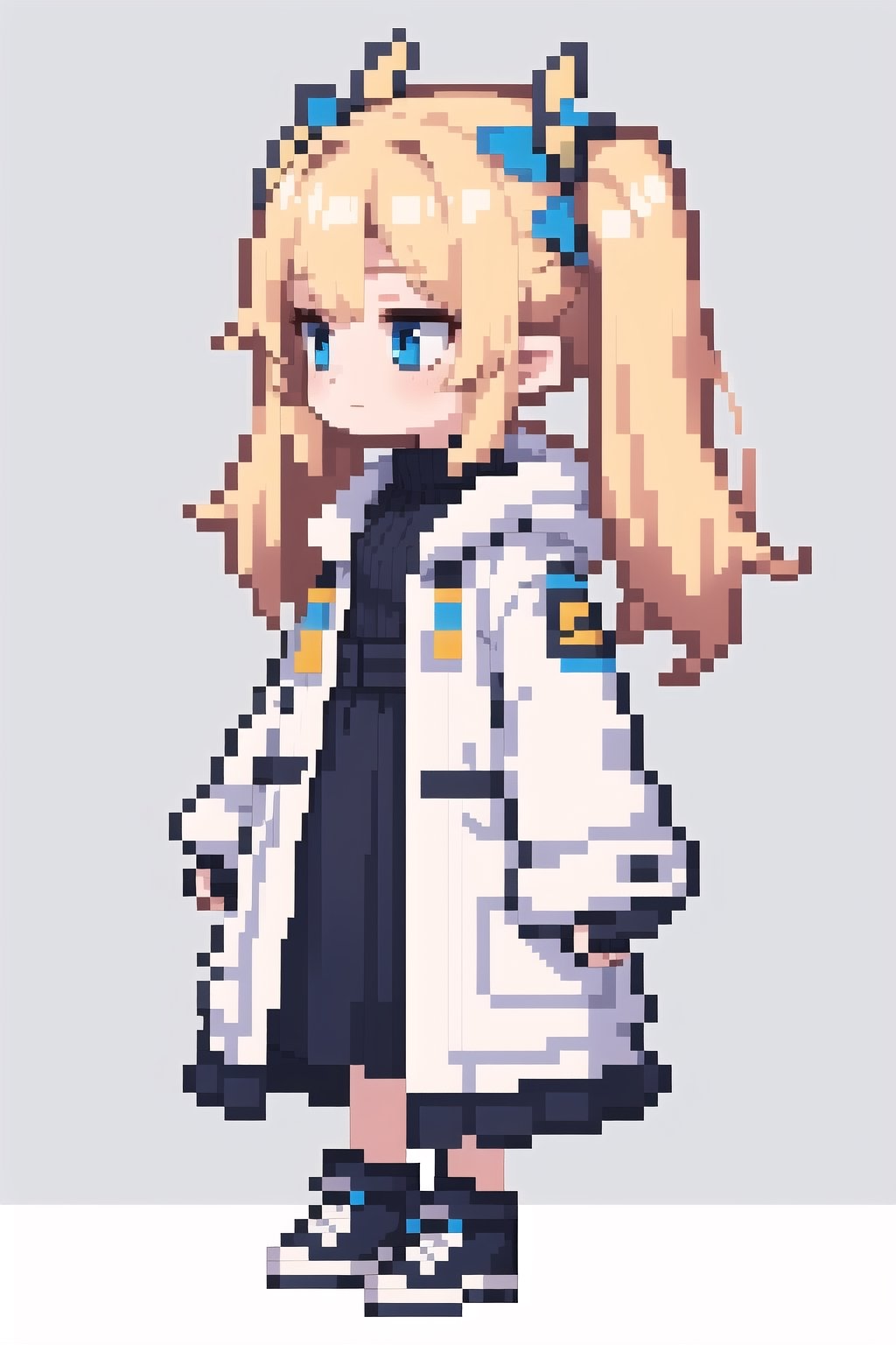 (masterpiece), pixels, pixel arts, chibi, solo, (1girl), twintails,blonde hair,looking away,white fur-coat,