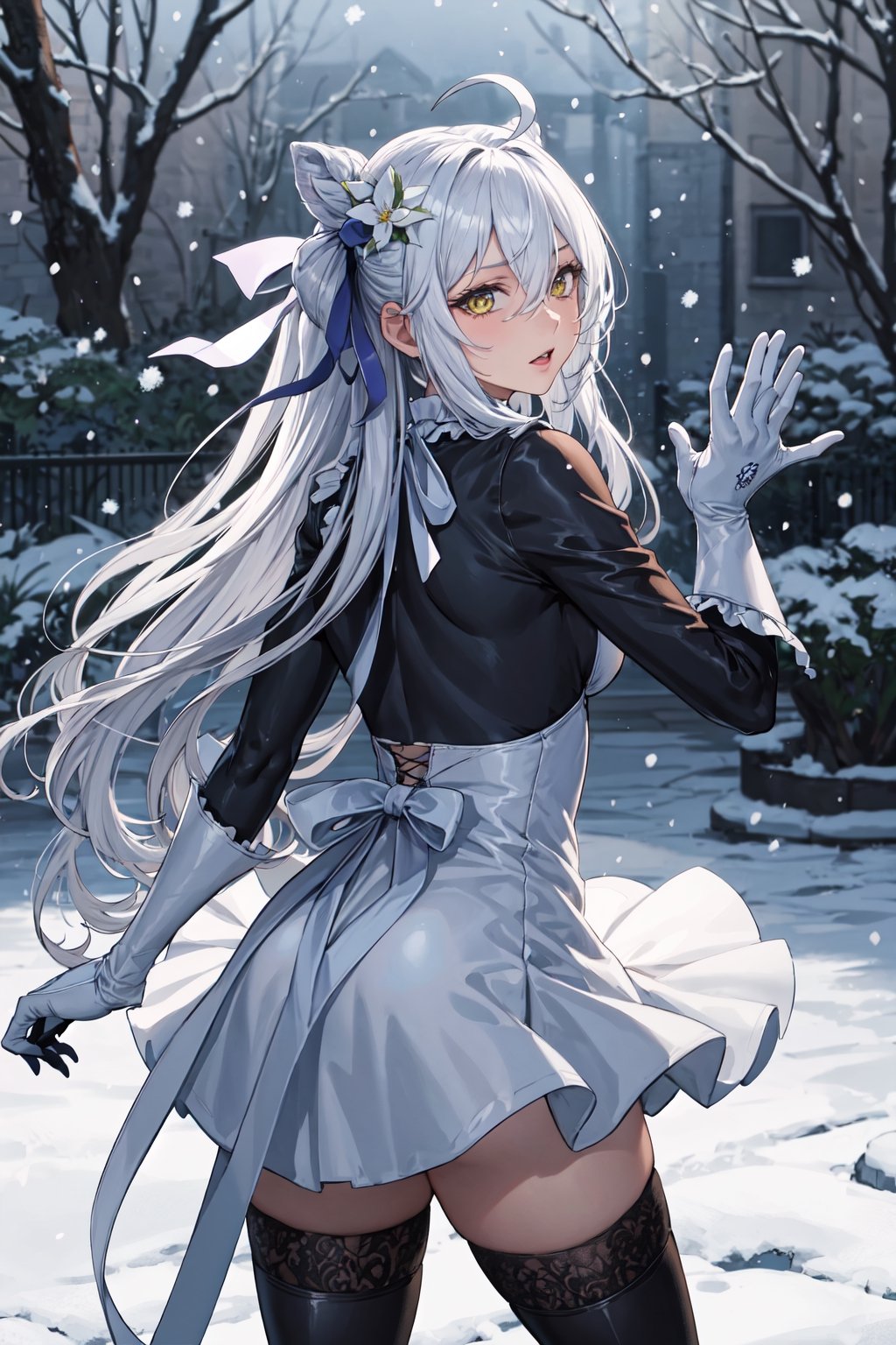 1girl, solo,upper body, fighting stance, from behind, garden, snowing, amber eyes, lace trim, frills, gloves, neck ribbon, hair ornament, very long hair, long hair, white hair, ahoge, boots, beautiful gown, long sleeves, hair between eyes, flower, hair ribbon, high quality, thighhighs, dress, ribbon, Medium breasts