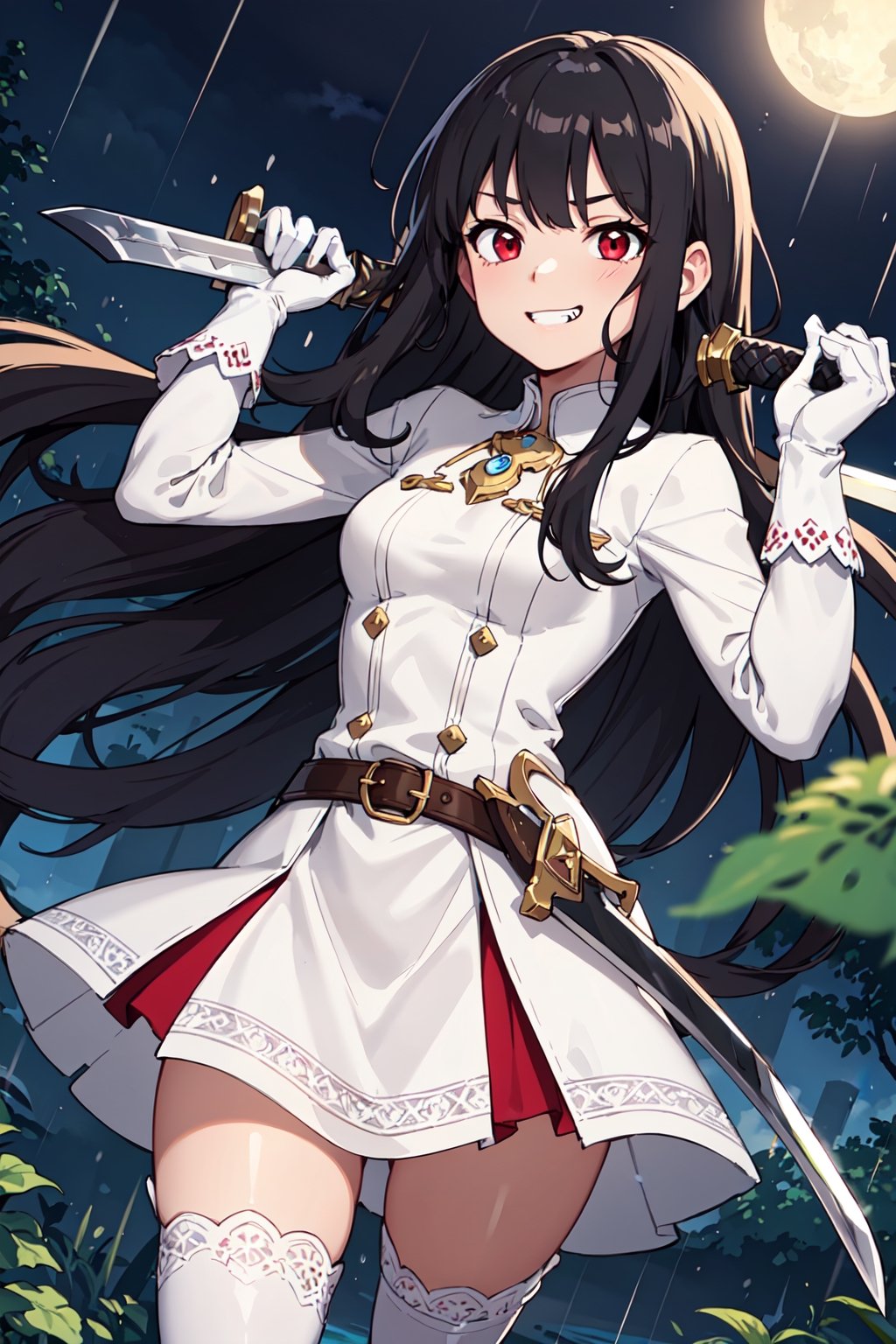 4k, high quality, masterpiece, beautiflu girl, (princess knight)++, black hair, red eyes, long sleeves, (holding western sword)++, rainny background, fantasy, impish grin, dutch angle, outside, nature, leaves in wind, white gloves, outdoors, not expression, wind+, thighhighs under boots, lace trim, ero, dress with slit, long hair, cool beauty, night background 