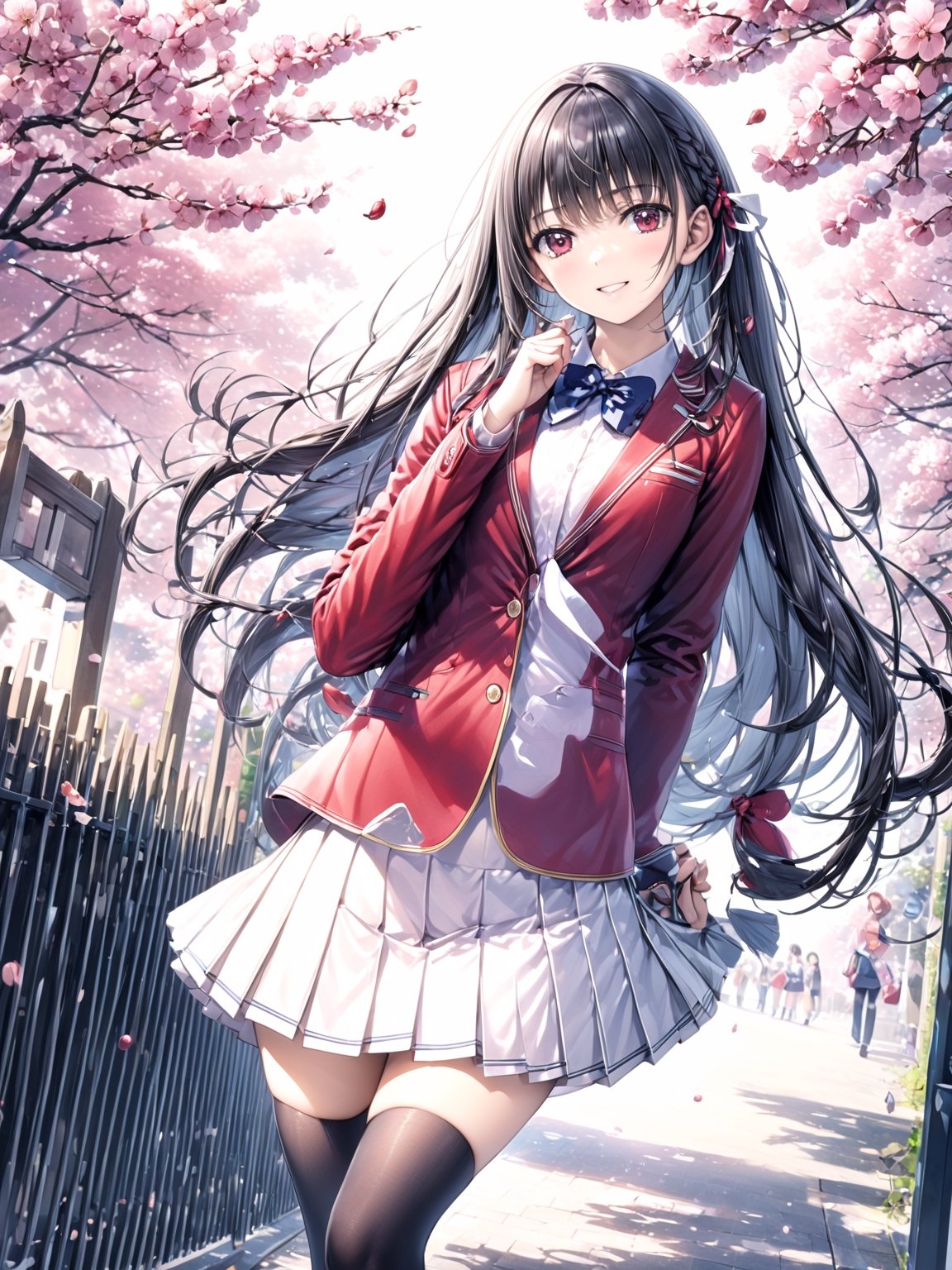 //Quality,
masterpiece, best quality, detailed
,//Character,
,HorikitaSuzune, 1girl, solo, long hair, black hair, shiny hair, red eyes, bangs, braid
,//Fashion,
school uniform, red jacket, hair ribbon, white shirt, pleated skirt, thighhighs
,//Background,
Cherry blossoms, school gate
,//Others,
graduation, smile