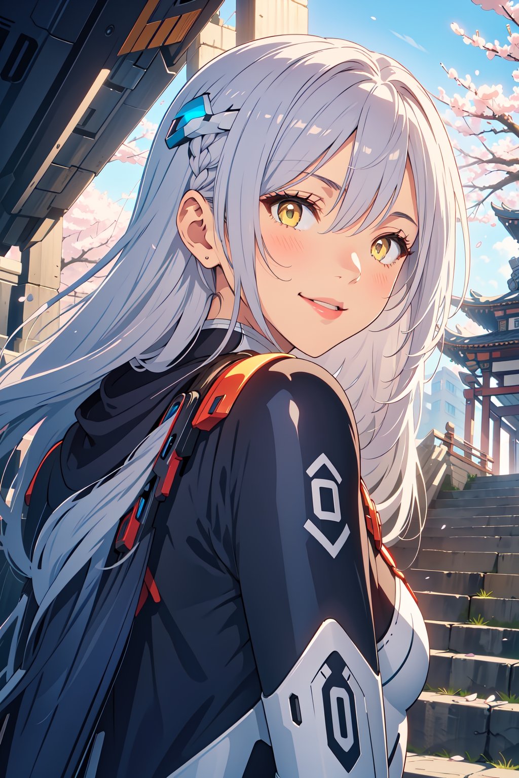 masterpiece, best quality, 1girl, yellow eyes, Beautiful face, delicate eyes, smile, long hair, white hair, tree, stairs, standing, sky, cherry blossoms, temple, looking at viewer, upper body, from below, looking back, ((Mecha)), young girl, Cyberpunk, CyberMechaGirl