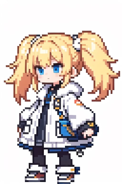 (masterpiece), pixels, pixel arts, chibi, solo, (1girl), twintails,blonde hair,looking away,white fur-coat,