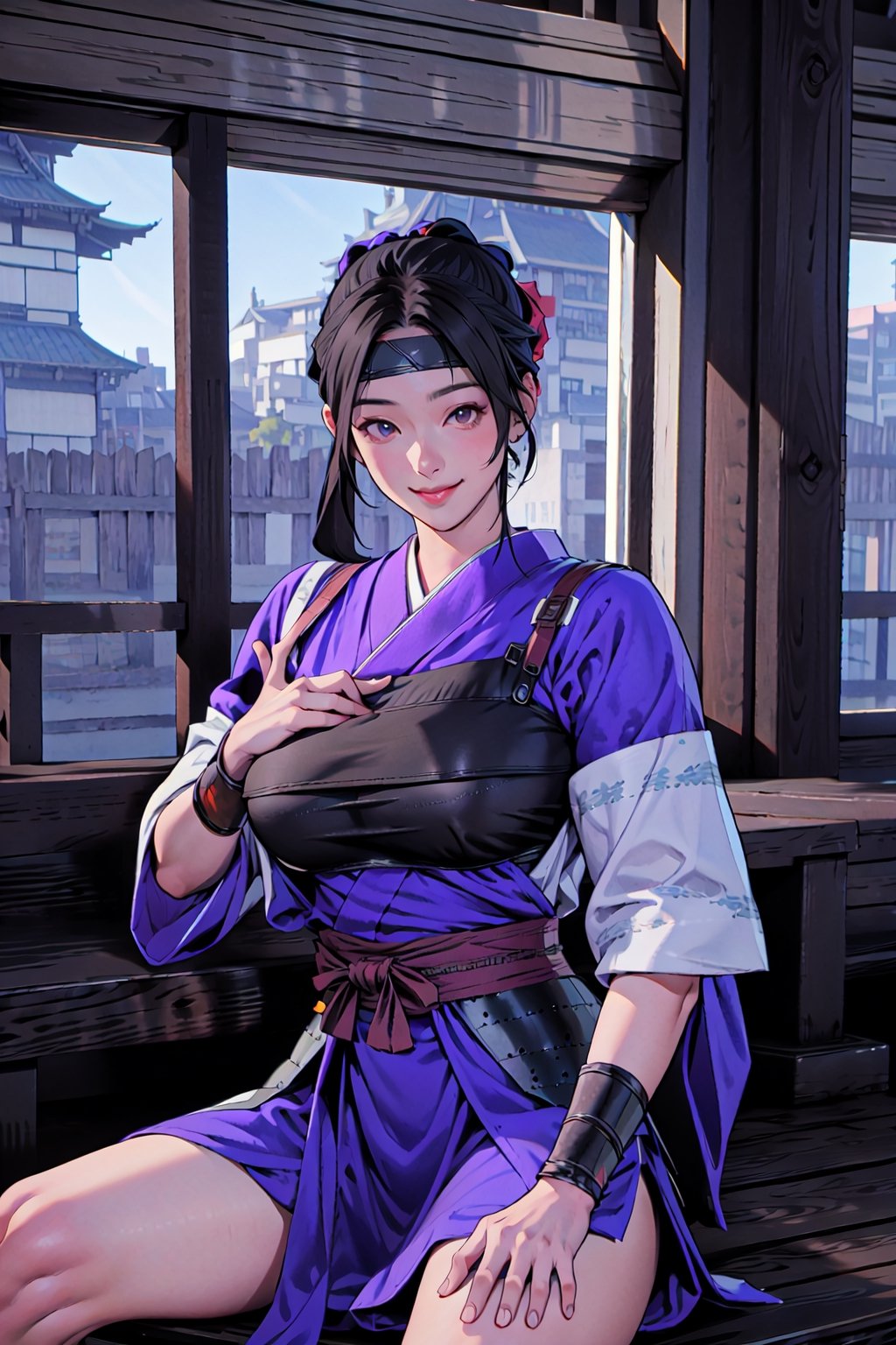 {best quality}, detail fingers,{{masterpiece}},illustration,portrait,solo,masterpiece,best quality,black hair,headband,japanese clothes,japanese armor,muneate,large_breast,incredibly absurdres,highres,high detail eyes,sitting,window,smile,indoors,bar,Samurai Warriors 5,
looking at viewer,