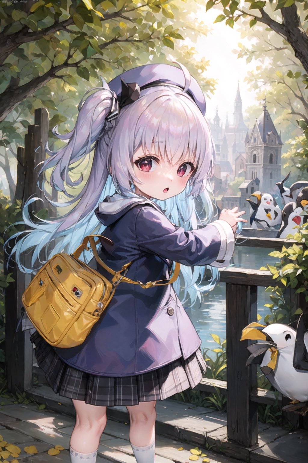 masterpiece,illustration,ray tracing,finely detailed,best detailed,Clear picture,intricate details,highlight,
anime,
gothic architecture,
looking at viewer,
nature,gothic architecture,bird,the lakeside in the heart of the forest,the staircase of the balcony,

NikkeRei,
1girl,upper body,loli,baby,long hair,hat,
yellow bow,yellow bag,
skirt,
NikkePenguin,Penguin,
sitting,best quality