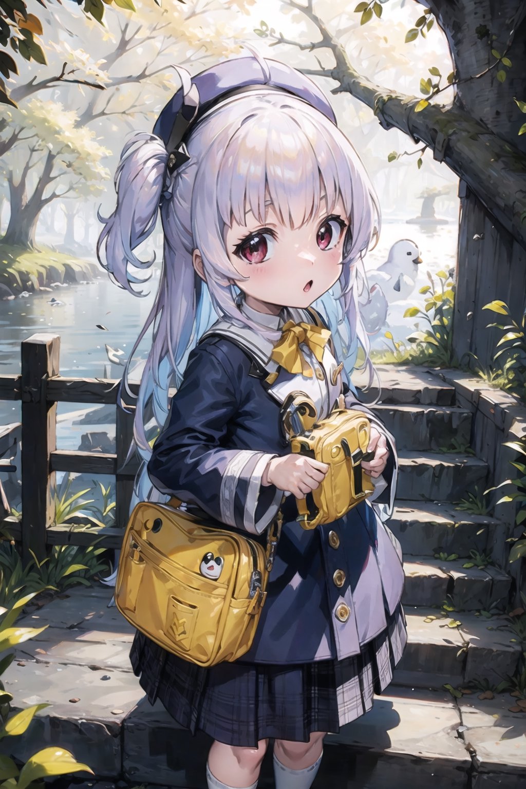 masterpiece,illustration,ray tracing,finely detailed,best detailed,Clear picture,intricate details,highlight,
anime,
gothic architecture,
looking at viewer,
nature,gothic architecture,bird,the lakeside in the heart of the forest,the staircase of the balcony,

NikkeRei,
1girl,upper body,loli,baby,long hair,hat,
yellow bow,yellow bag,
skirt,
NikkePenguin,Penguin,
sitting,best quality