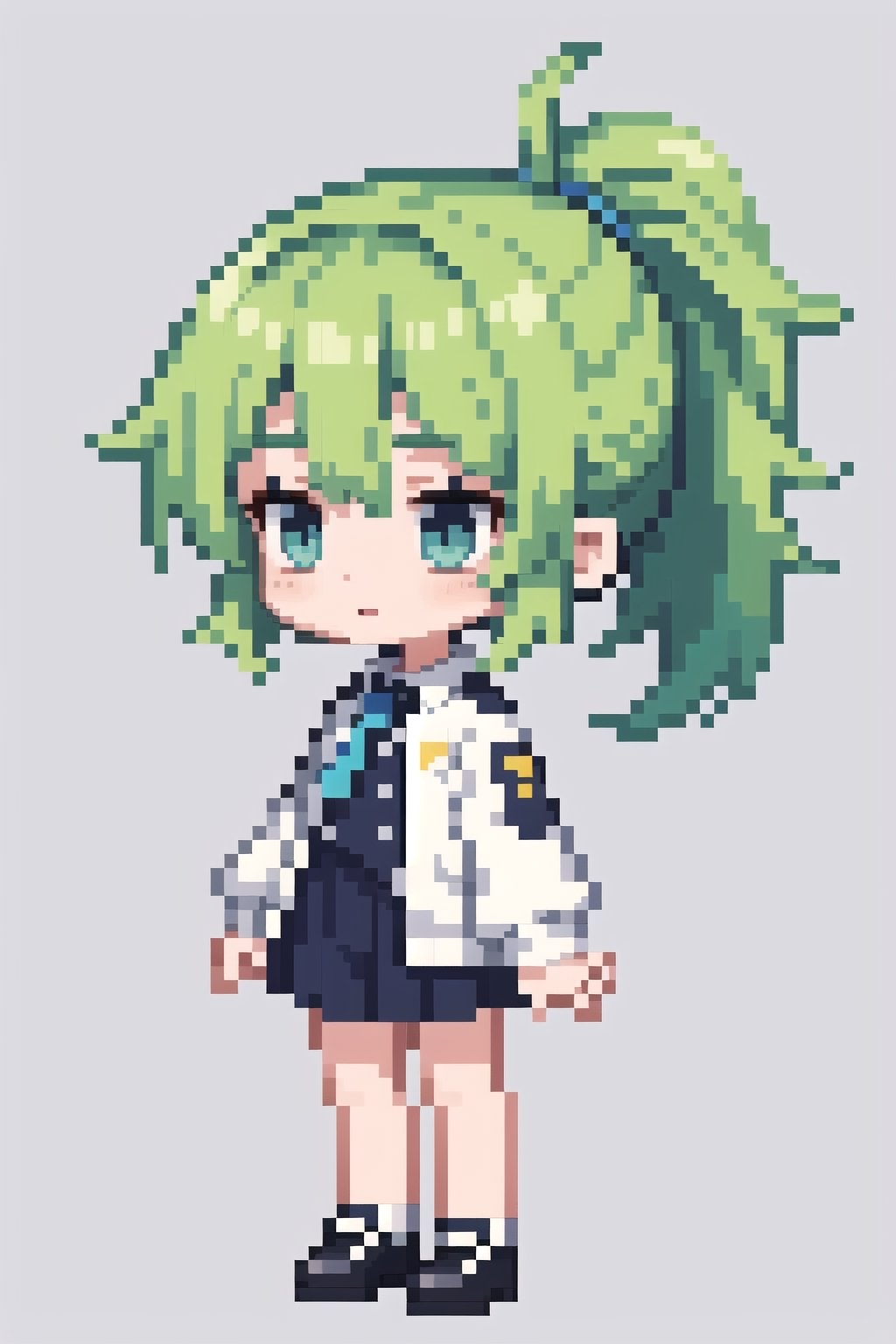 (masterpiece), pixels, pixel arts, chibi, solo, (1girl), ponytail,green hair,looking away,uniform,