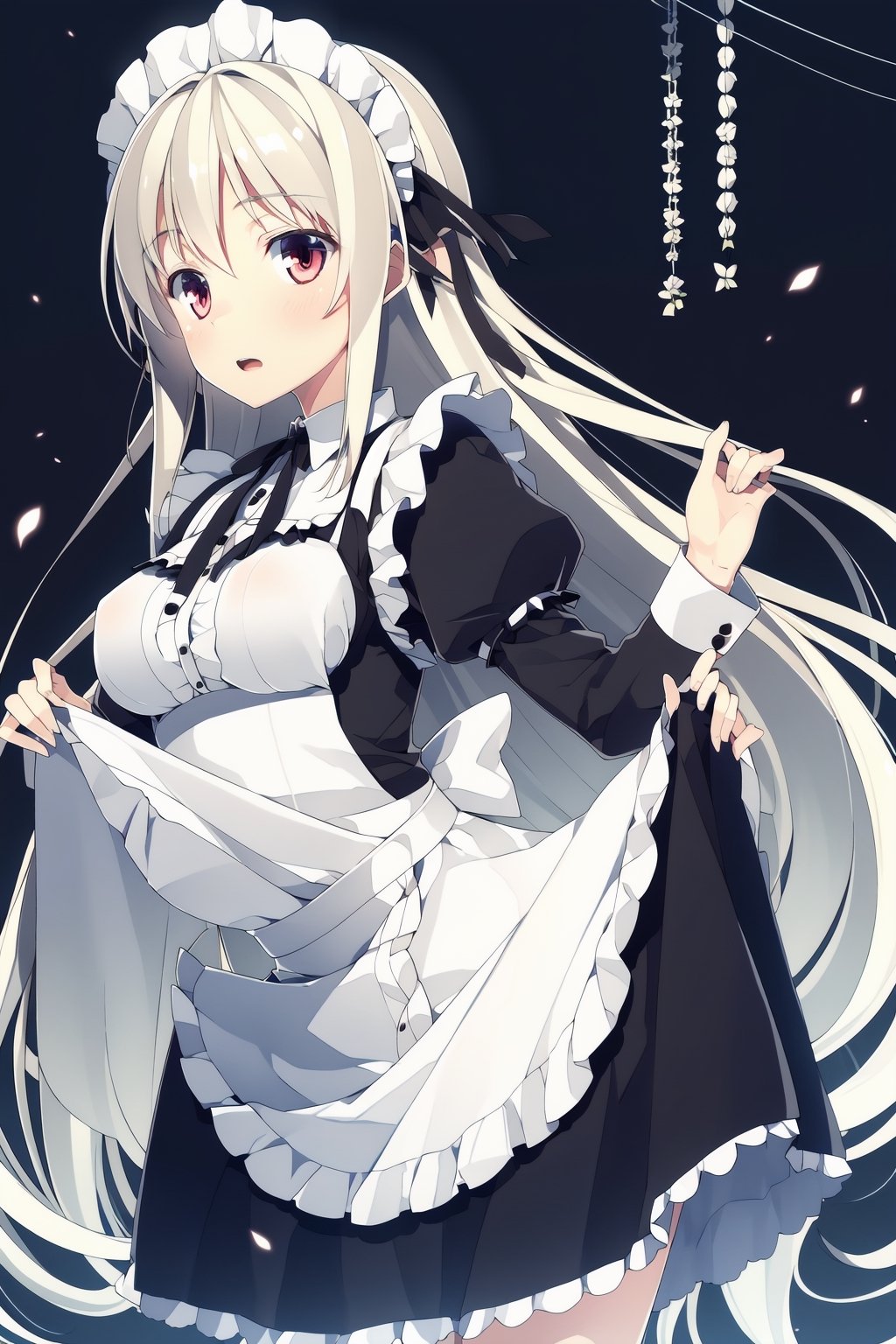 masterpiece, best detial,1girl, long hair, maid outfit, long sleeves, lift skirt,