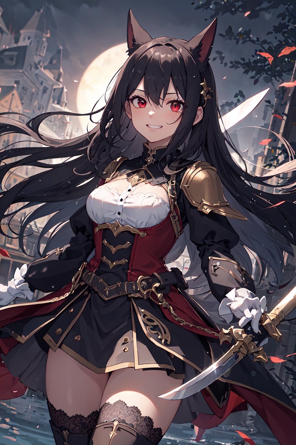 4k, high quality, masterpiece, beautiflu girl, (princess knight)++, black hair, red eyes, long sleeves, (holding western sword)++, rainny background, fantasy, impish grin, dutch angle, outside, nature, leaves in wind, white gloves, outdoors, not expression, wind+, thighhighs under boots, lace trim, ero, dress with slit, long hair, cool beauty, night background 