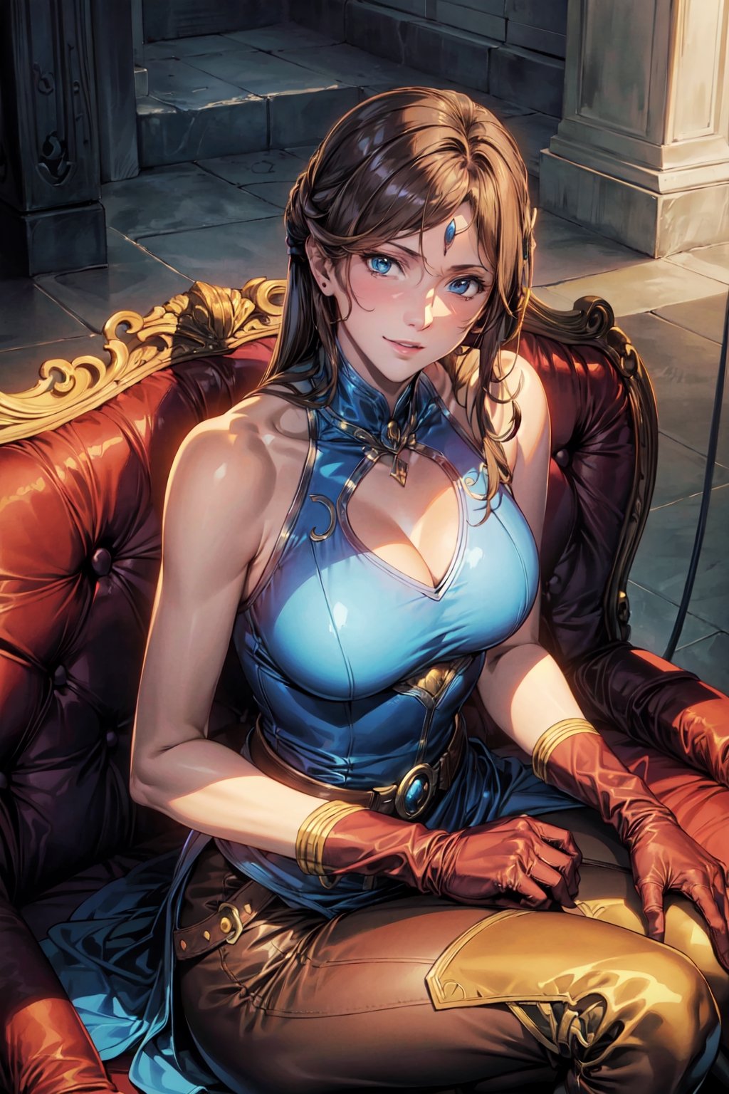 (masterpiece),illustration,
oda non,
gothic architecture,
looking at viewer,
cropped shoulders,
solo,smile,
upper body,sitting on chair,
looking at viewer,
default mirana, long hair, blue eyes, brown hair,
gloves, bare shoulders, boots, sleeveless, belt, pants, armor, brown footwear, black pants, knee boots, brown gloves,