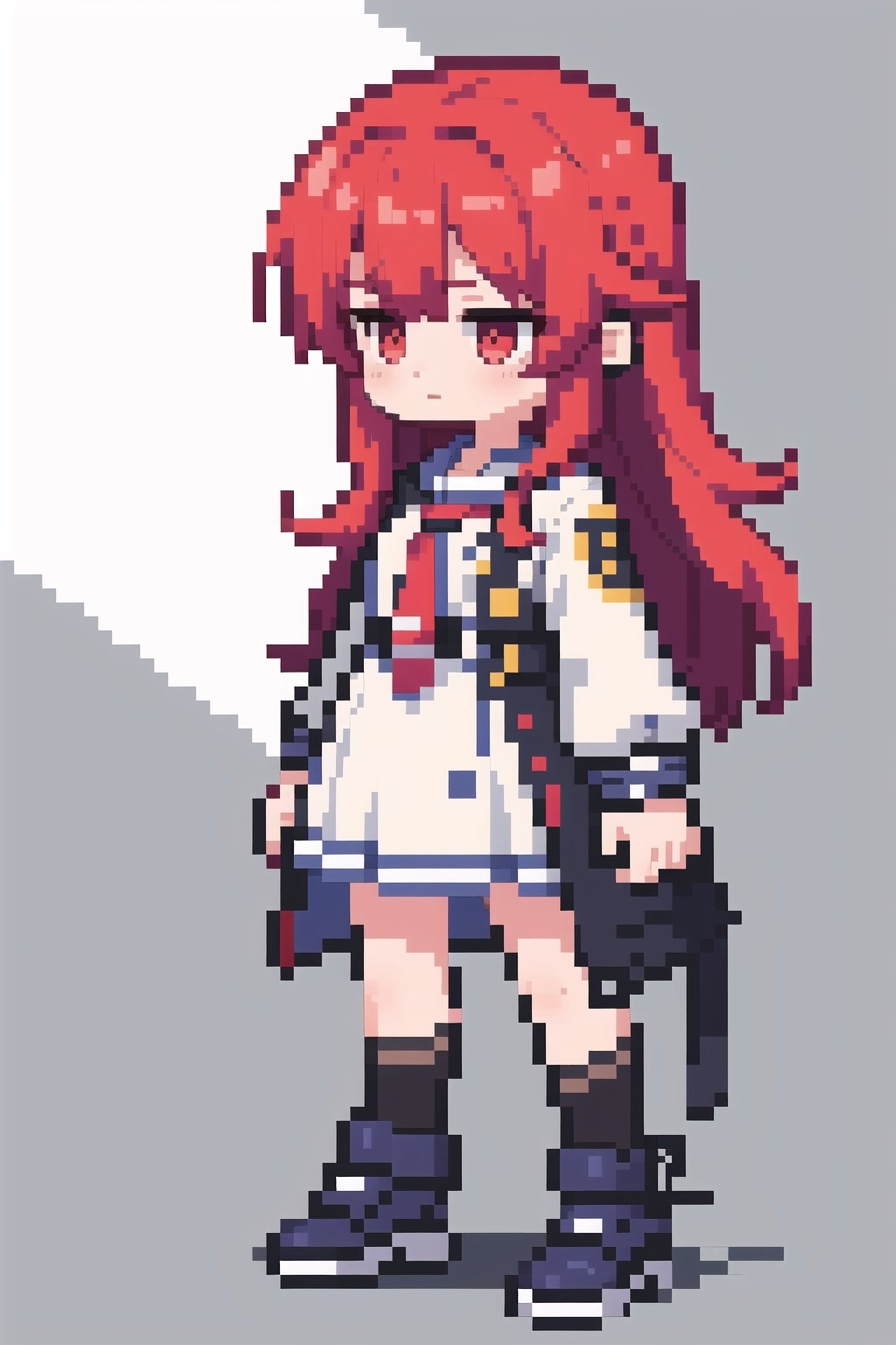 (masterpiece), pixels, pixel arts, chibi, solo, (1girl), red hair,looking away,uniform,long hair,