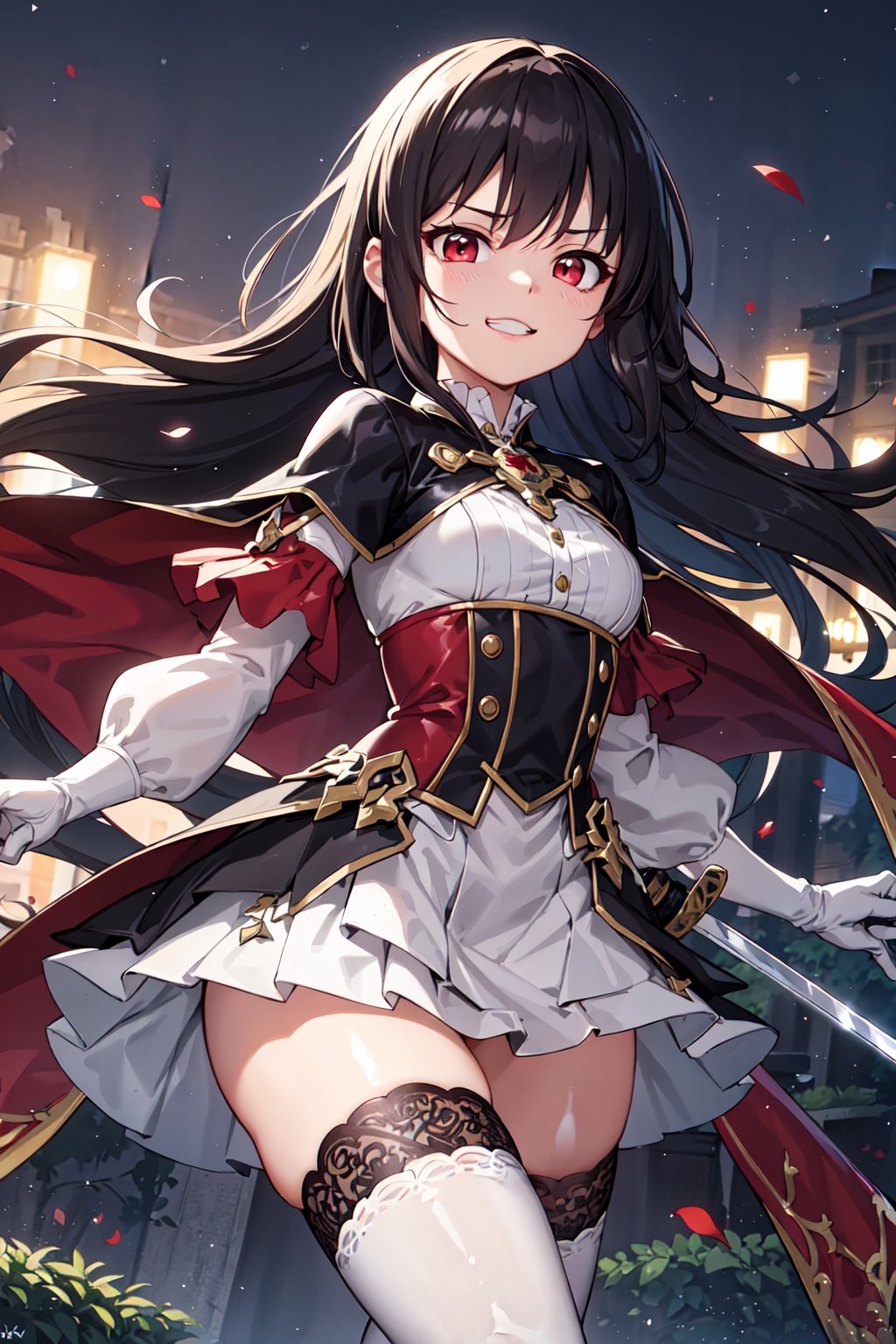 4k, high quality, masterpiece, beautiflu girl, (princess knight)++, black hair, red eyes, long sleeves, (holding western sword)++, rainny background, fantasy, impish grin, dutch angle, outside, nature, leaves in wind, white gloves, outdoors, not expression, wind+, thighhighs under boots, lace trim, ero, dress with slit, long hair, cool beauty, night background 