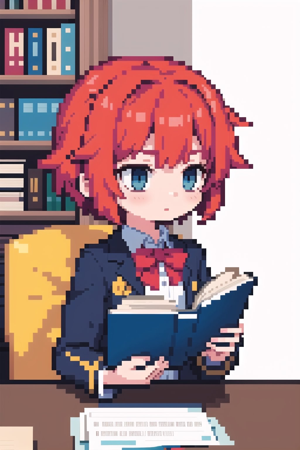 (masterpiece), pixels, pixel arts, chibi, solo, (1girl), red hair,looking away,uniform,short hair,book,reading,