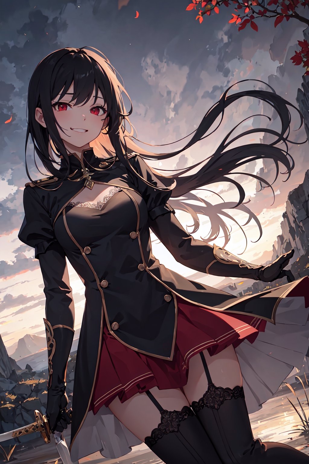 4k, high quality, masterpiece, beautiflu girl, (princess knight)++, black hair, red eyes, long sleeves, (holding western sword)++, rainny background, fantasy, impish grin, dutch angle, outside, nature, leaves in wind, white gloves, outdoors, not expression, wind+, thighhighs under boots, lace trim, ero, dress with slit, long hair, cool beauty, night background 