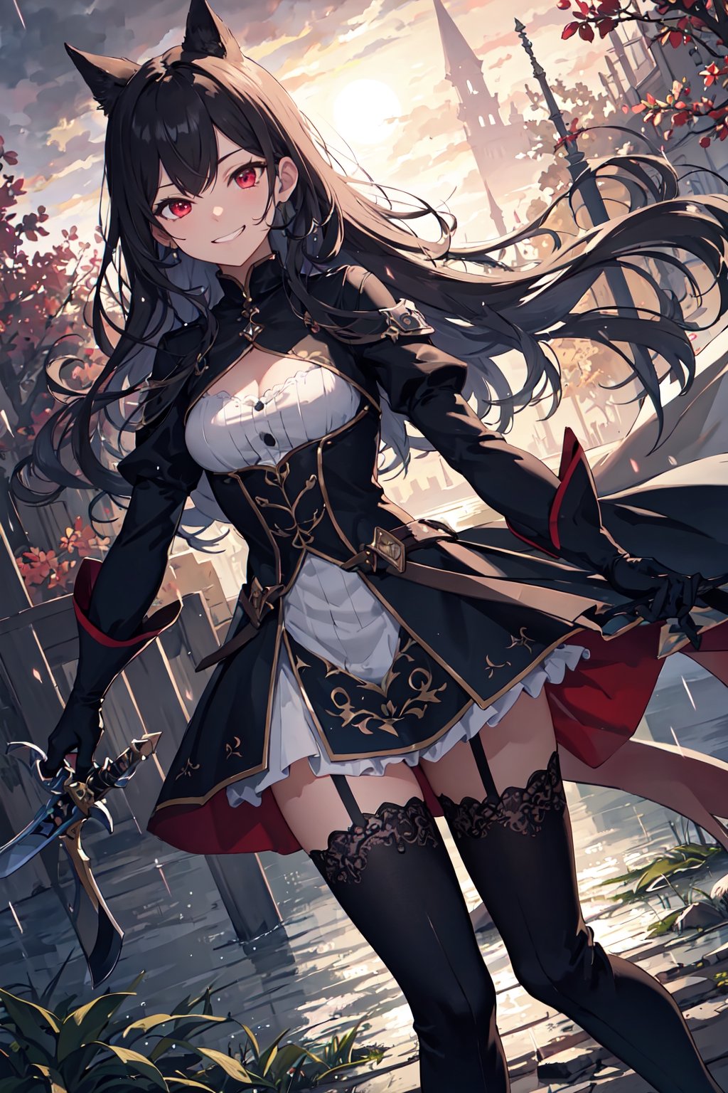 4k, high quality, masterpiece, beautiflu girl, (princess knight)++, black hair, red eyes, long sleeves, (holding western sword)++, rainny background, fantasy, impish grin, dutch angle, outside, nature, leaves in wind, white gloves, outdoors, not expression, wind+, thighhighs under boots, lace trim, ero, dress with slit, long hair, cool beauty, night background 