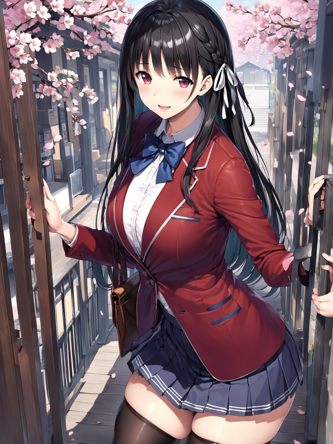 //Quality,
masterpiece, best quality, detailed
,//Character,
,HorikitaSuzune, 1girl, solo, long hair, black hair, shiny hair, red eyes, bangs, braid
,//Fashion,
school uniform, red jacket, hair ribbon, white shirt, pleated skirt, thighhighs
,//Background,
Cherry blossoms, school gate, the staircase of the balcony,

,//Others,
graduation, smile,mature female