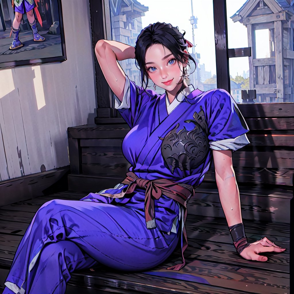 {best quality}, detail fingers,{{masterpiece}},illustration,portrait,solo,masterpiece,best quality,black hair,headband,japanese clothes,japanese armor,muneate,large_breast,incredibly absurdres,highres,high detail eyes,sitting,window,smile,indoors,bar,Samurai Warriors 5,
looking at viewer,

(lying:1.2),
(arms behind head:1.2),
(large breasts, slender),
sweat,
