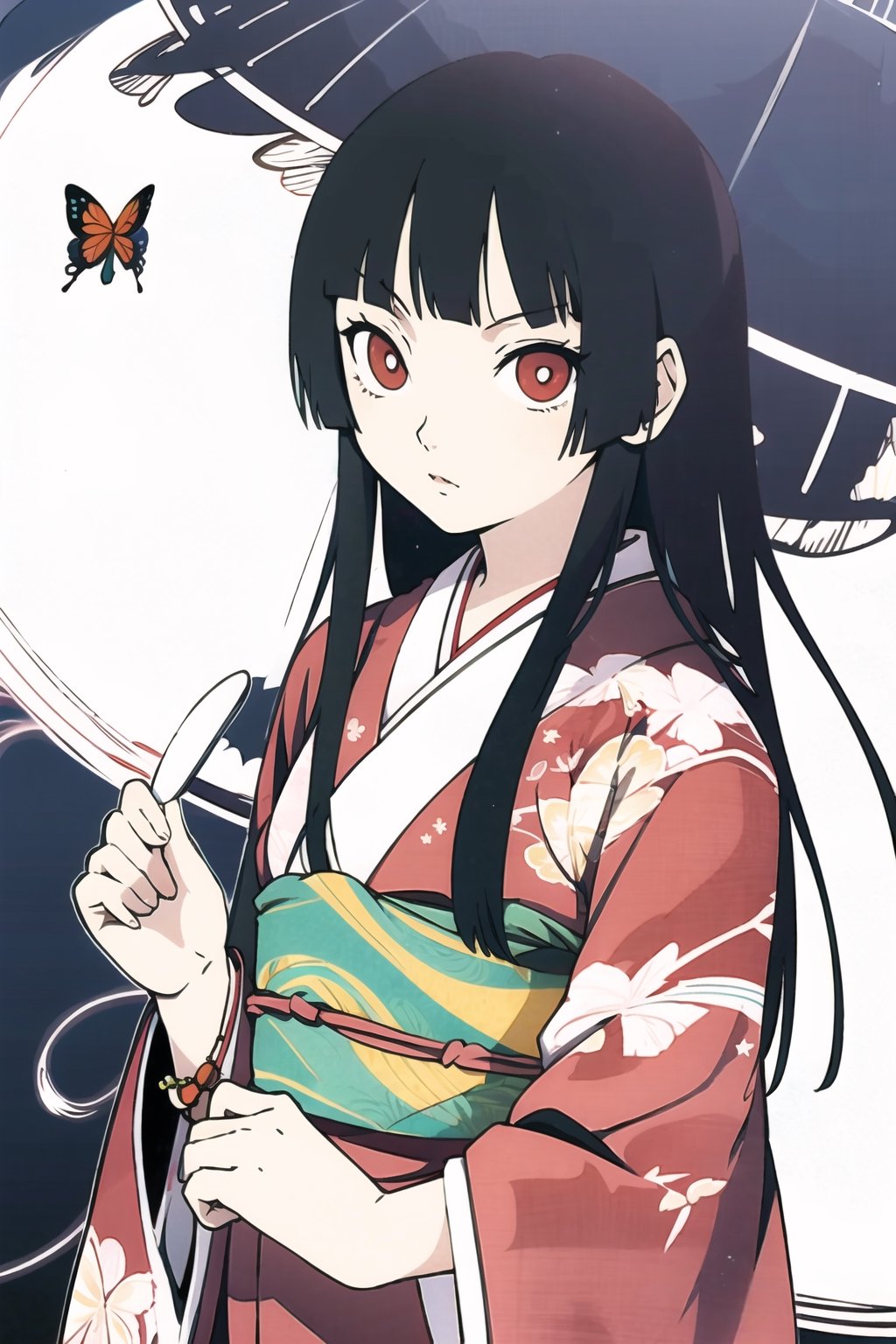 Enma Ai, 1girl, solo, japanese clothes, long hair, butterfly, bug, black hair, kimono, hime cut, bangs, bracelet, blunt bangs, jewelry, black kimono, red eyes,  ,line anime