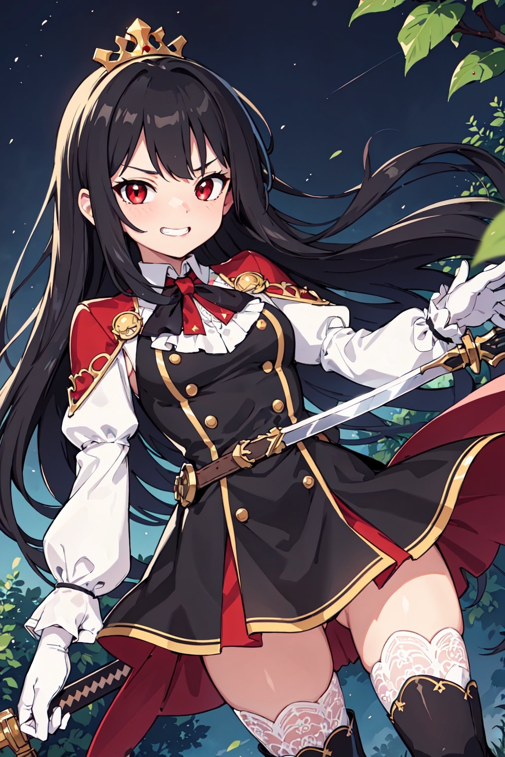 4k, high quality, masterpiece, beautiflu girl, (princess knight)++, black hair, red eyes, long sleeves, (holding western sword)++, rainny background, fantasy, impish grin, dutch angle, outside, nature, leaves in wind, white gloves, outdoors, not expression, wind+, thighhighs under boots, lace trim, ero, dress with slit, long hair, cool beauty, night background 