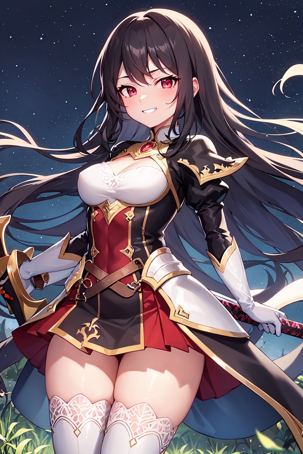 4k, high quality, masterpiece, beautiflu girl, (princess knight)++, black hair, red eyes, long sleeves, (holding western sword)++, rainny background, fantasy, impish grin, dutch angle, outside, nature, leaves in wind, white gloves, outdoors, not expression, wind+, thighhighs under boots, lace trim, ero, dress with slit, long hair, cool beauty, night background 