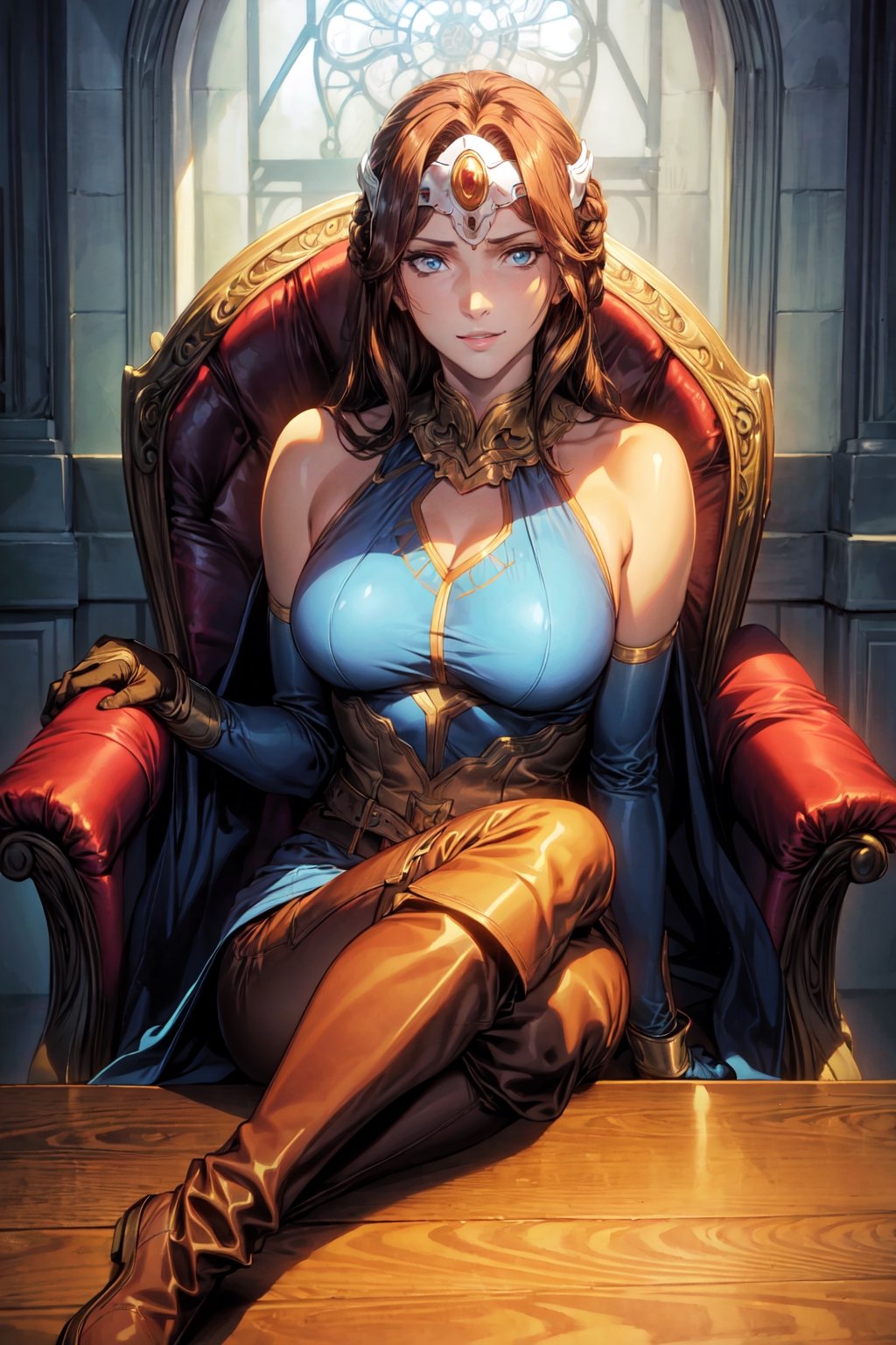 (masterpiece),illustration,
oda non,
gothic architecture,
looking at viewer,
cropped shoulders,
solo,smile,
upper body,sitting on chair,
looking at viewer,
long hair,circlet,brown hair,
default mirana, long hair, blue eyes, brown hair, circlet,
gloves, bare shoulders, boots, sleeveless, belt, pants, armor, brown footwear, black pants, knee boots, brown gloves,