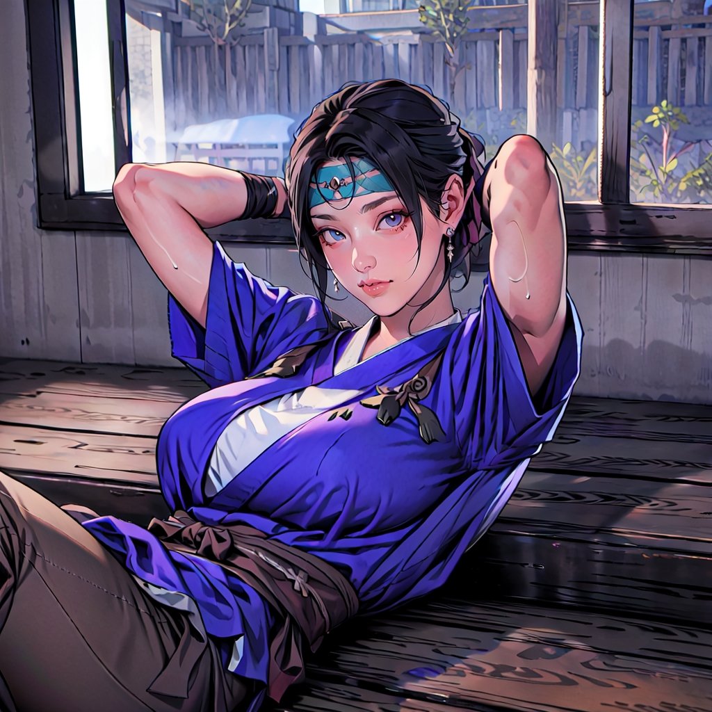 {best quality}, detail fingers,{{masterpiece}},illustration,portrait,solo,masterpiece,best quality,black hair,headband,japanese clothes,japanese armor,muneate,large_breast,incredibly absurdres,highres,high detail eyes,sitting,window,smile,indoors,bar,Samurai Warriors 5,
looking at viewer,

(lying:1.2),
(arms behind head:1.2),
(large breasts, slender),
sweat,
