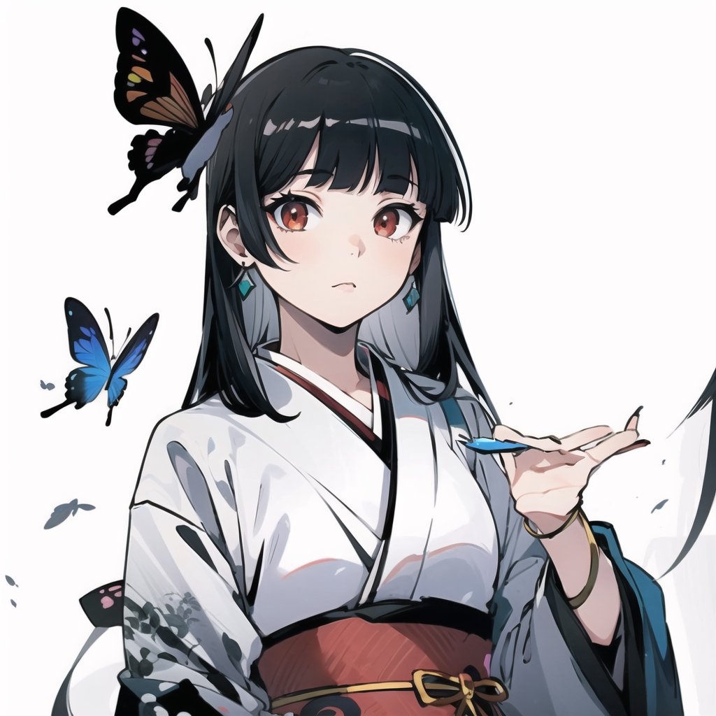 Enma Ai, 1girl, solo, japanese clothes, long hair, butterfly, bug, black hair, kimono, hime cut, bangs, bracelet, blunt bangs, jewelry, black kimono, red eyes,  ,line anime