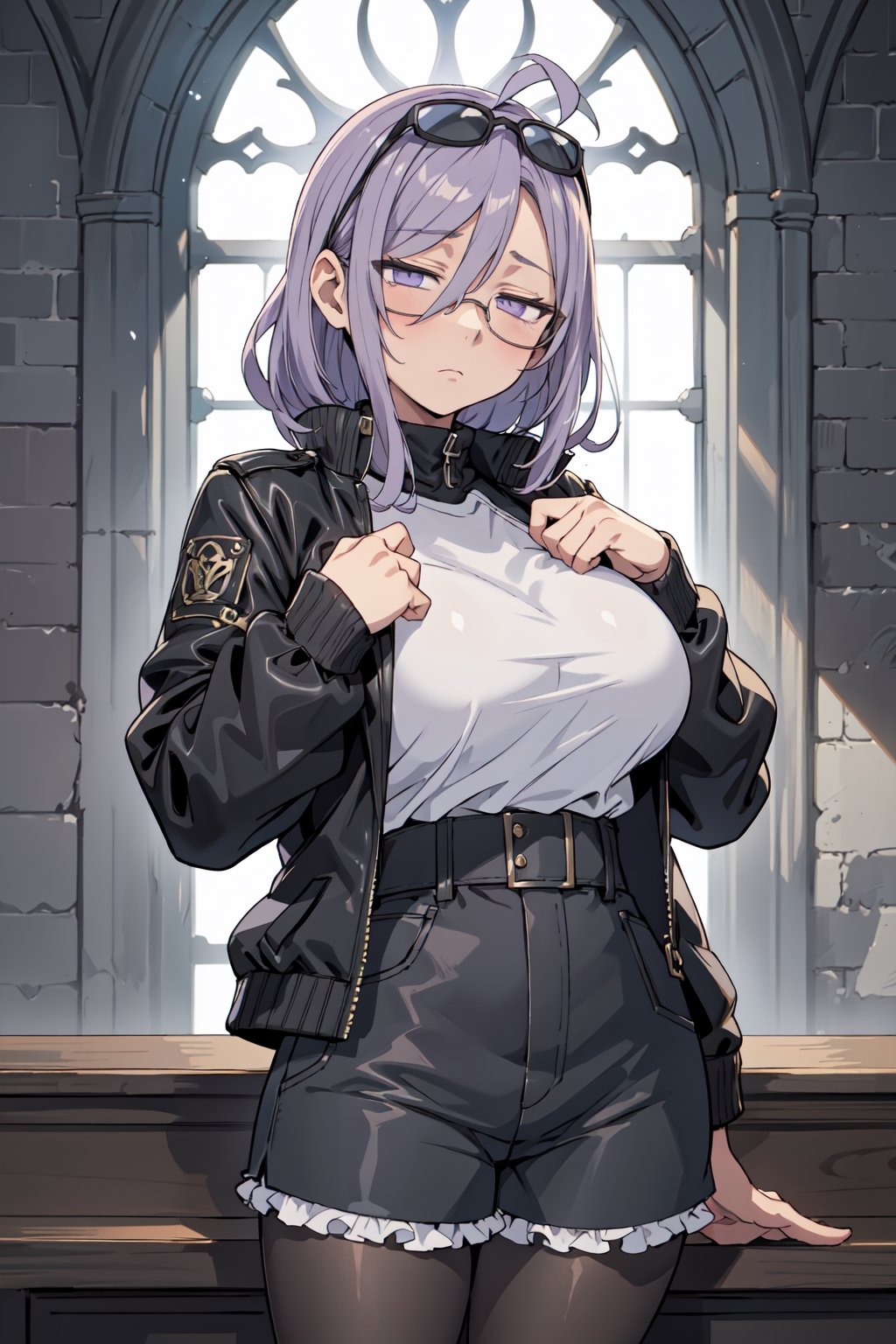 upper body,
large breasts,
gothic architecture,
looking at viewer,
masterpiece, best quality, 1girl, official, black jacket, jacket on shoulders, shirt, shorts, pantyhose, eyewear on head,(expressionless:1.2), purple eyes, (empty eyes:1.2),masterpiece,best quality,mature female