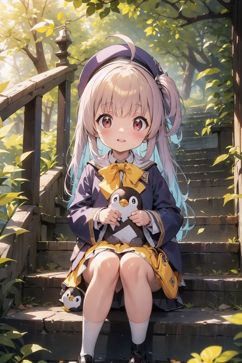 masterpiece,illustration,ray tracing,finely detailed,best detailed,Clear picture,intricate details,highlight,
anime,
gothic architecture,
looking at viewer,
nature,gothic architecture,bird,the lakeside in the heart of the forest,the staircase of the balcony,

NikkeRei,
1girl,upper body,loli,baby,long hair,hat,
yellow bow,yellow bag,
skirt,
NikkePenguin,Penguin,
sitting,