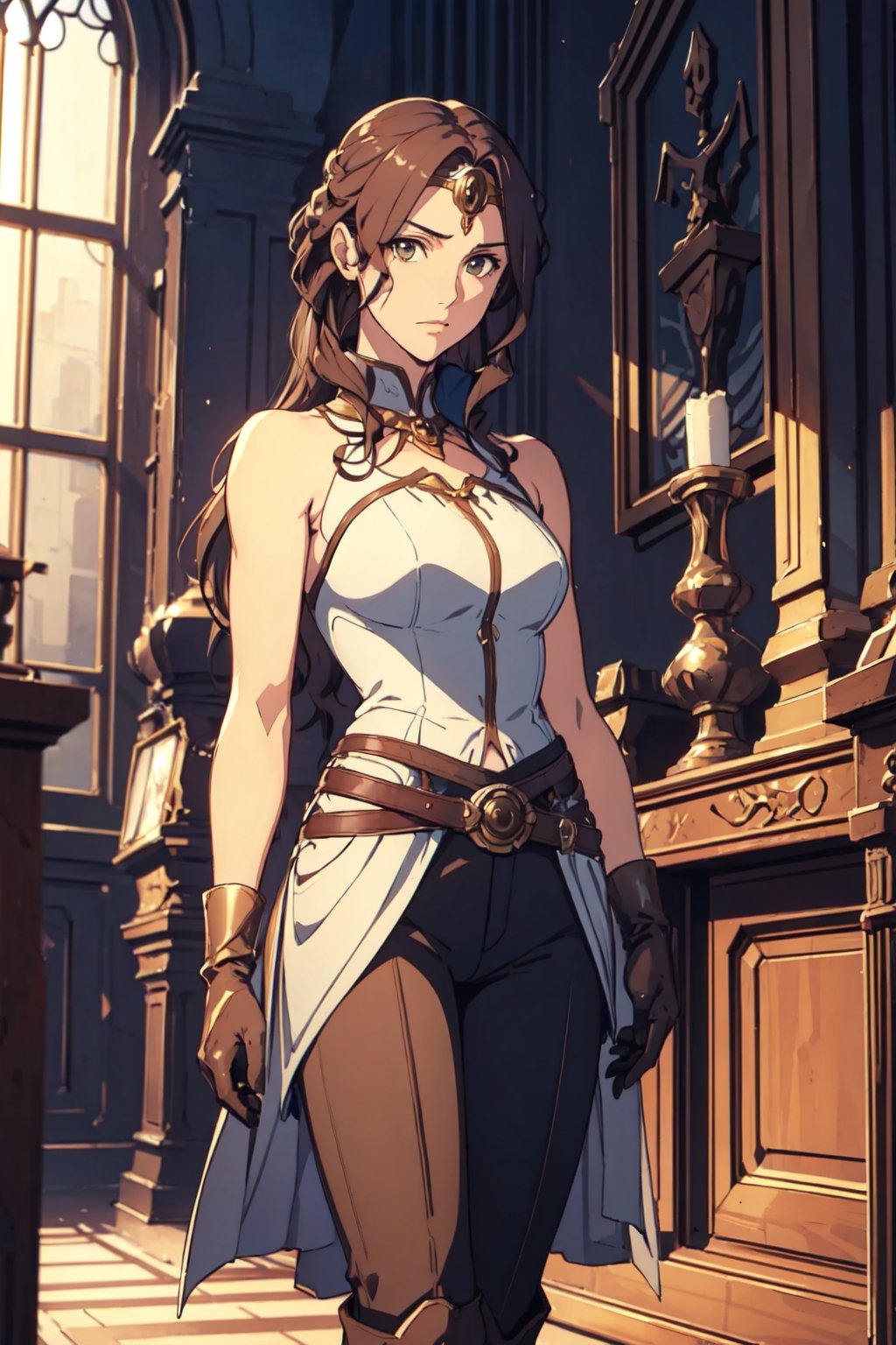 (masterpiece),illustration,
oda non,
gothic architecture,
looking at viewer,
cropped shoulders,
solo,
upper body,standing,thighs,
looking at viewer,
long hair, brown hair, circlet,
gloves, bare shoulders, boots, sleeveless, belt, pants, armor, brown footwear, black pants, knee boots, brown gloves,