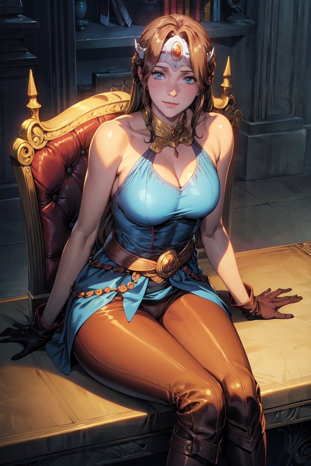 (masterpiece),illustration,
oda non,
gothic architecture,
looking at viewer,
cropped shoulders,
solo,smile,
upper body,sitting on chair,
looking at viewer,
default mirana, long hair, blue eyes, brown hair,
gloves, bare shoulders, boots, sleeveless, belt, pants, armor, brown footwear, black pants, knee boots, brown gloves,