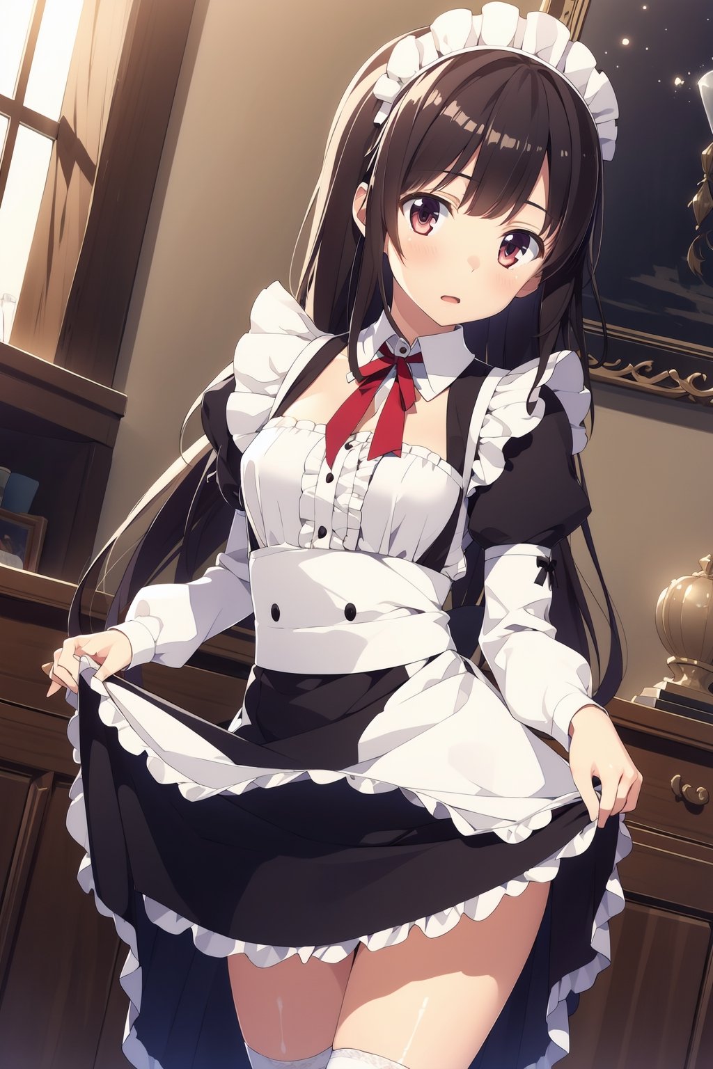 masterpiece, best detial,1girl, long hair, maid outfit, long sleeves, lift skirt,