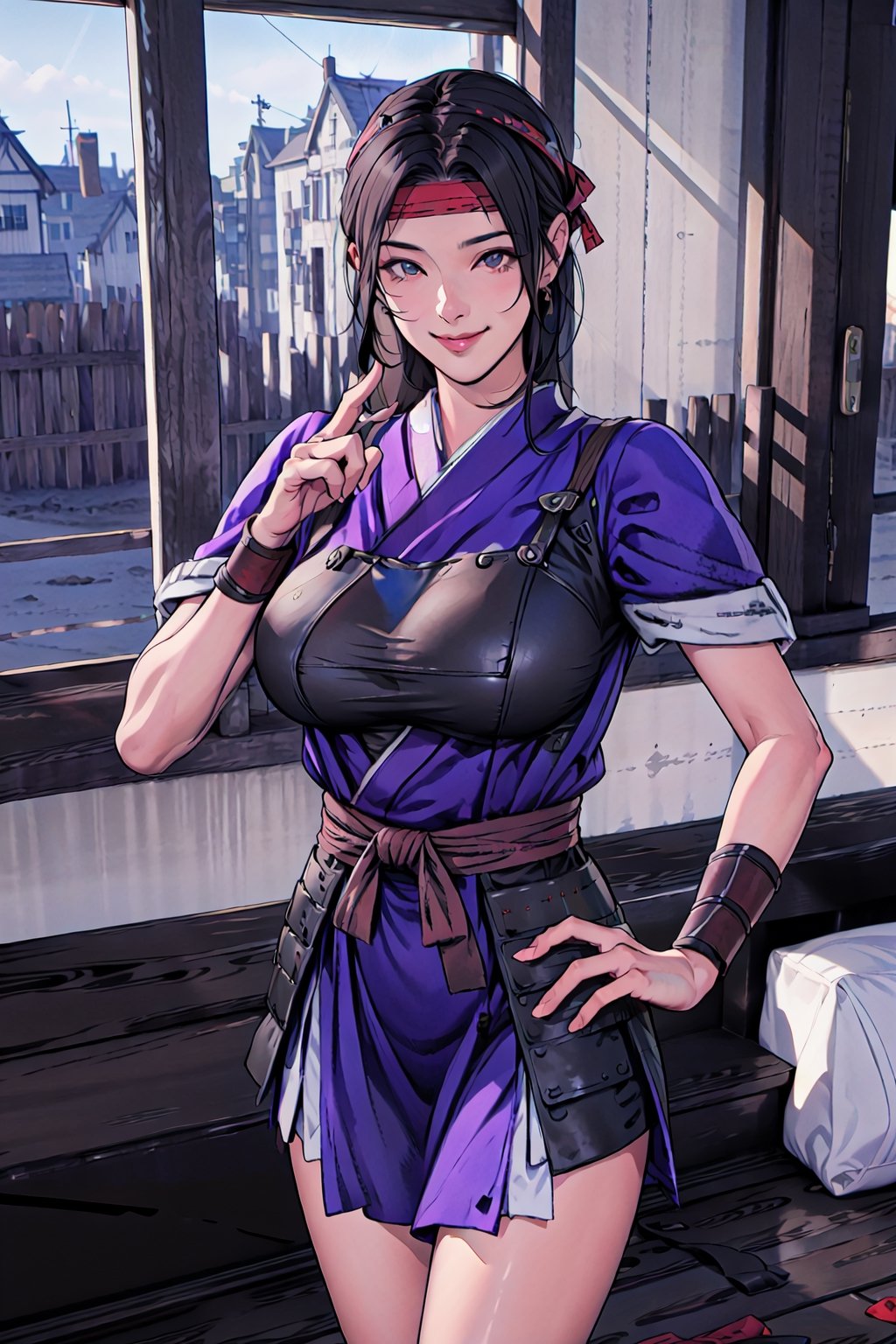 {best quality}, detail fingers,{{masterpiece}},illustration,portrait,solo,masterpiece,best quality,black hair,headband,japanese clothes,japanese armor,muneate,large_breast,incredibly absurdres,highres,high detail eyes,window,smile,indoors,bar,Samurai Warriors 5,
looking at viewer,
hand on hip,