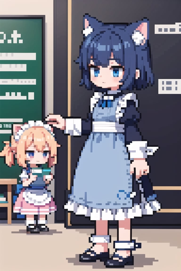 (masterpiece), (2girls), cafe, maid, cat ears, pixels, pixel arts, chibi