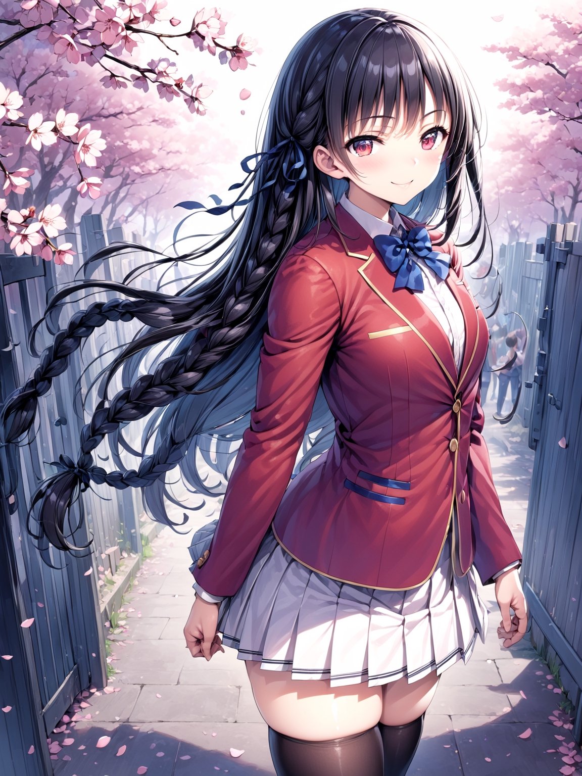 //Quality,
masterpiece, best quality, detailed
,//Character,
,HorikitaSuzune, 1girl, solo, long hair, black hair, shiny hair, red eyes, bangs, braid
,//Fashion,
school uniform, red jacket, hair ribbon, white shirt, pleated skirt, thighhighs
,//Background,
Cherry blossoms, school gate
,//Others,
graduation, smile